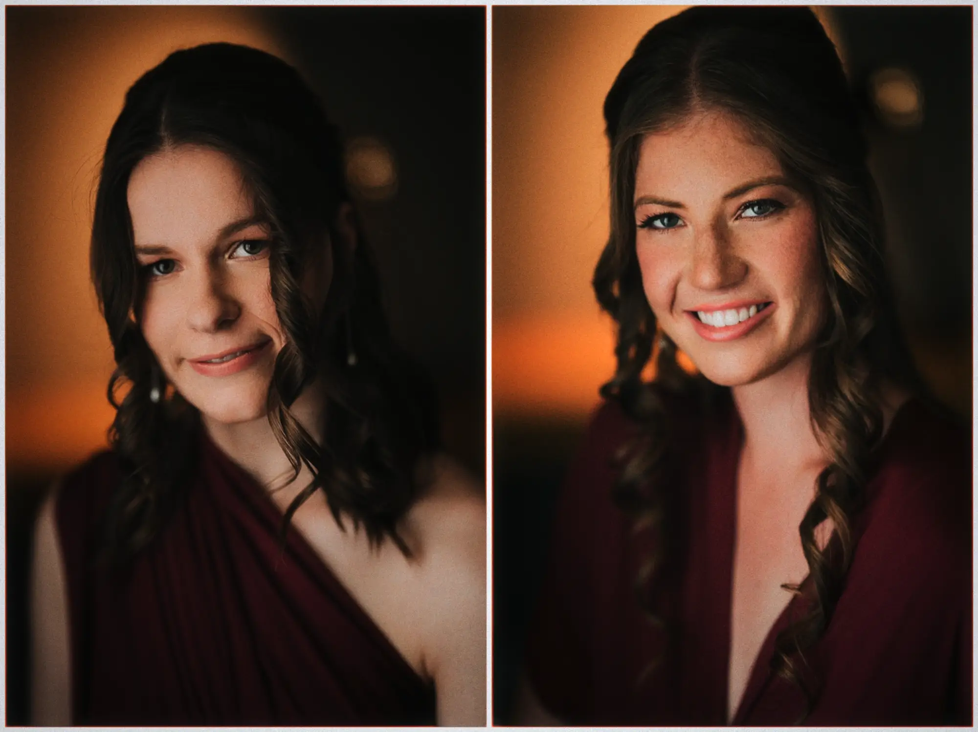 Two more bridesmaids in wine-colored gowns share gentle smiles in the amber room light.