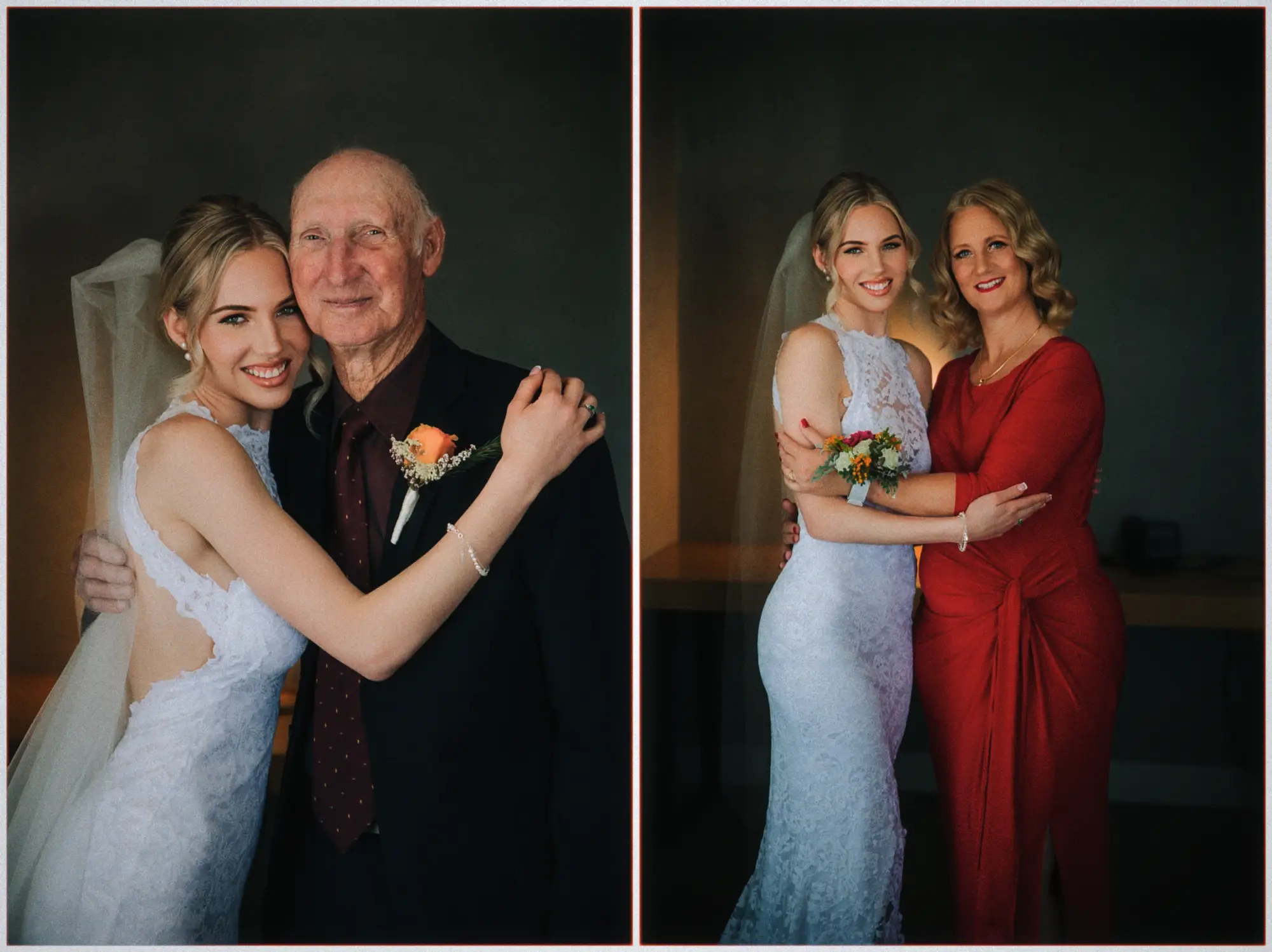 Erin hugs her grandfather in a dark suit, then embraces a woman in a red dress indoors.