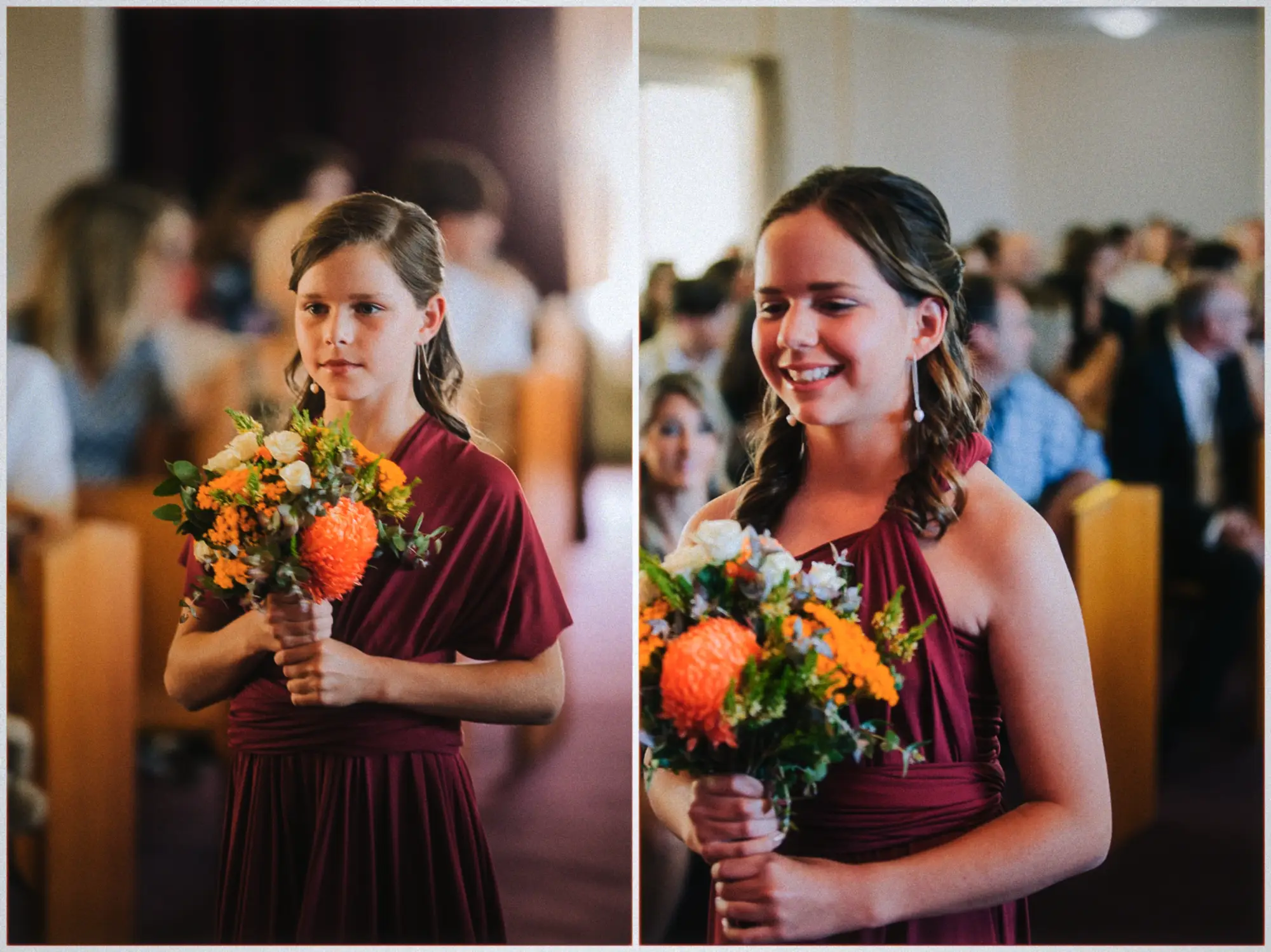 Junior bridesmaids in burgundy carry orange and white bouquets down the sunlit chapel aisle.