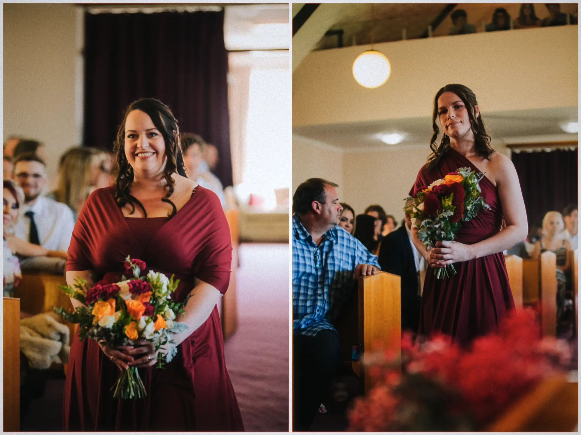Bridesmaids in burgundy gowns walk the aisle clutching autumn-toned bouquets of roses.