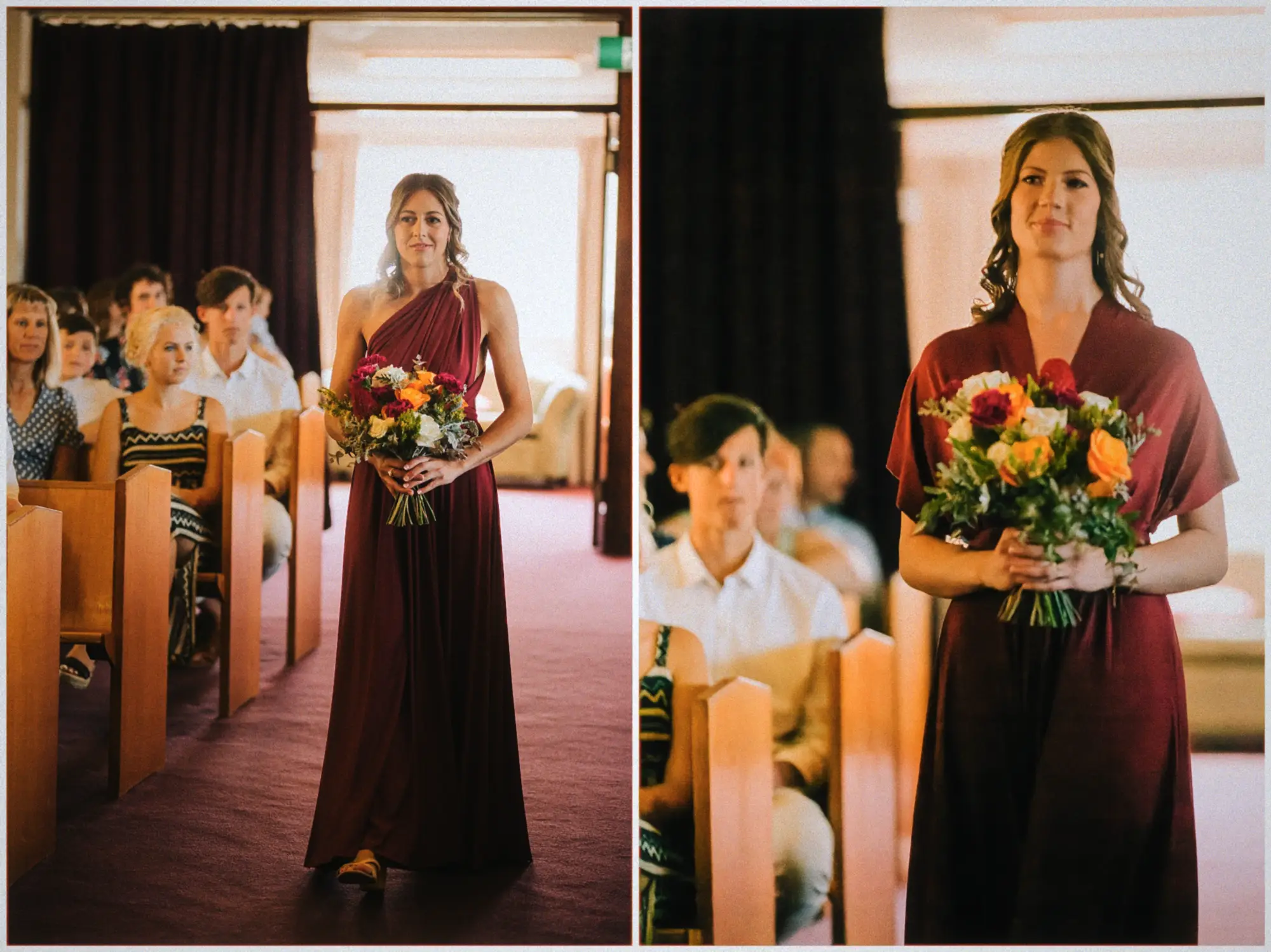 Bridesmaids file down the carpeted aisle past seated guests in the low-lit chapel.