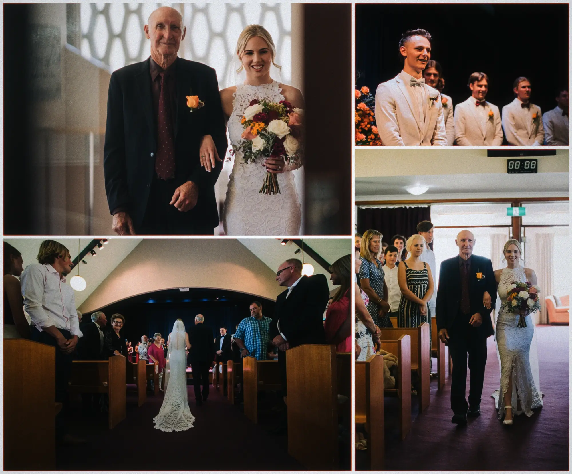 Collage of Erin on her father's arm, groomsmen waiting, and her long lace train down the aisle.