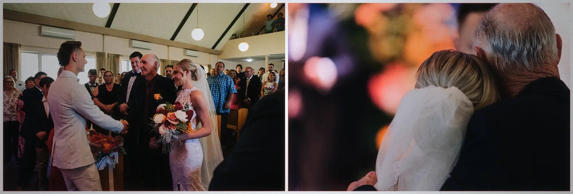 Erin's father hands her to Justin at the altar, then the pair share a tight embrace.