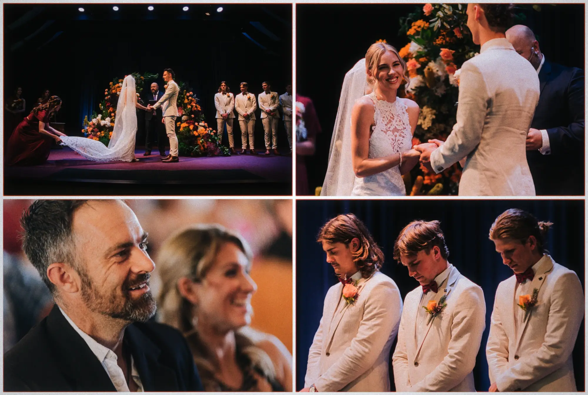 Erin and Justin exchange vows under an autumn floral arch while groomsmen watch and guests beam.