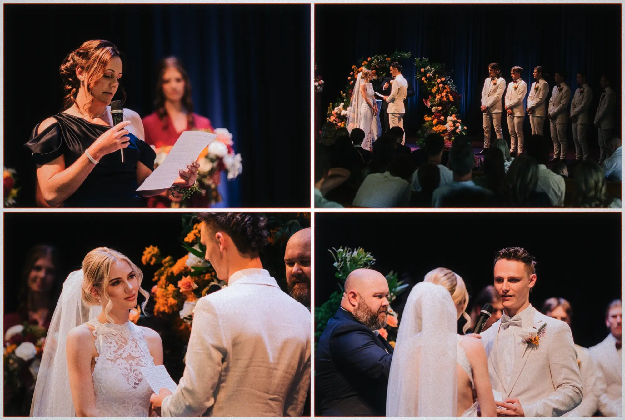 A reader in black delivers a heartfelt speech as Erin and Justin face each other at the altar.