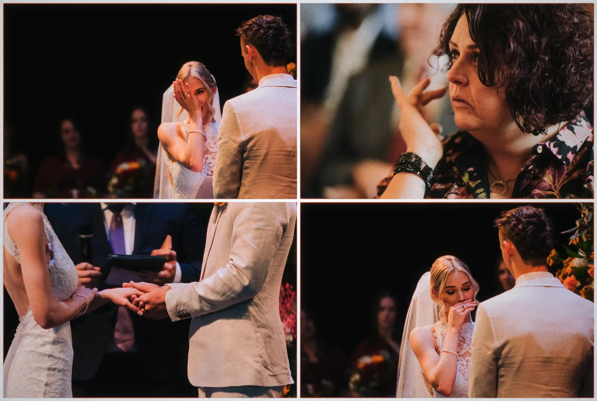 Erin wipes away tears while a guest wipes her eyes and the couple joins hands with rings.
