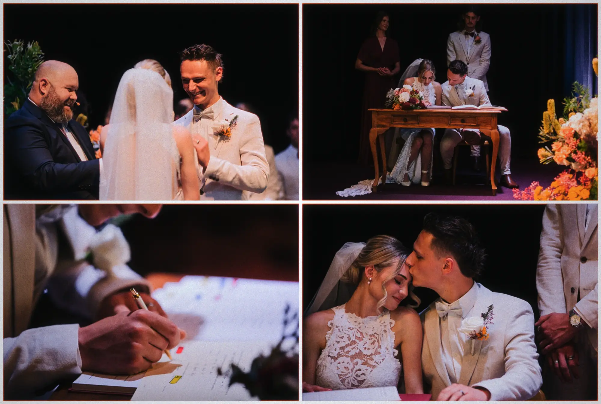 Collage of the couple signing the register at a timber desk and Justin kissing Erin's temple.