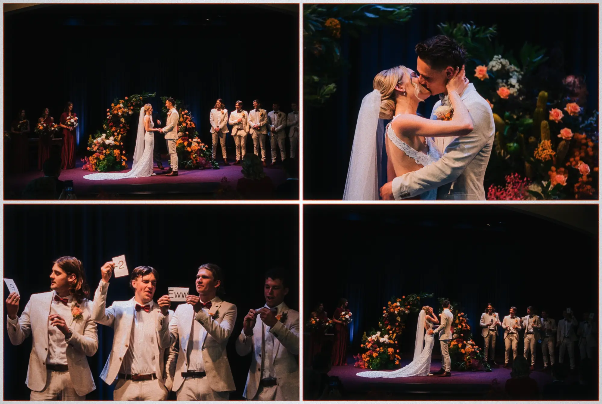 Collage of Erin and Justin's first kiss under the floral arch and groomsmen scoring it with cards.