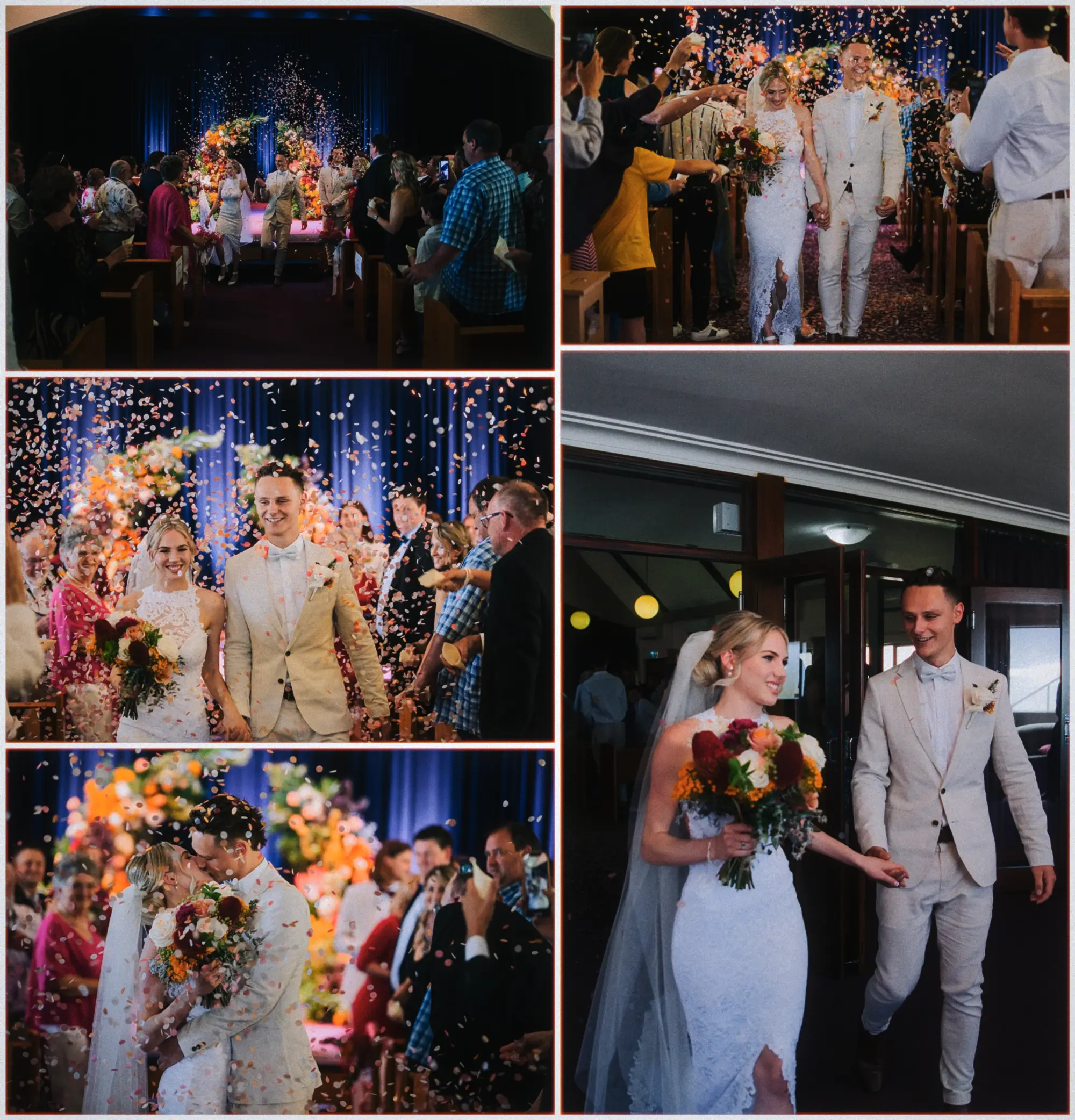 Collage of Erin and Justin's confetti-filled recessional and hand-in-hand exit from the chapel.