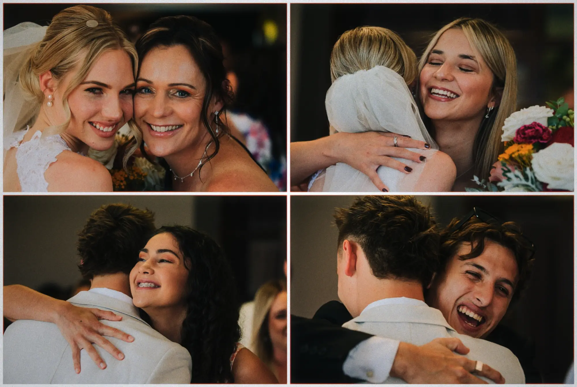 Collage of hugs and laughter as Erin celebrates with her mum, bridesmaids and friends.