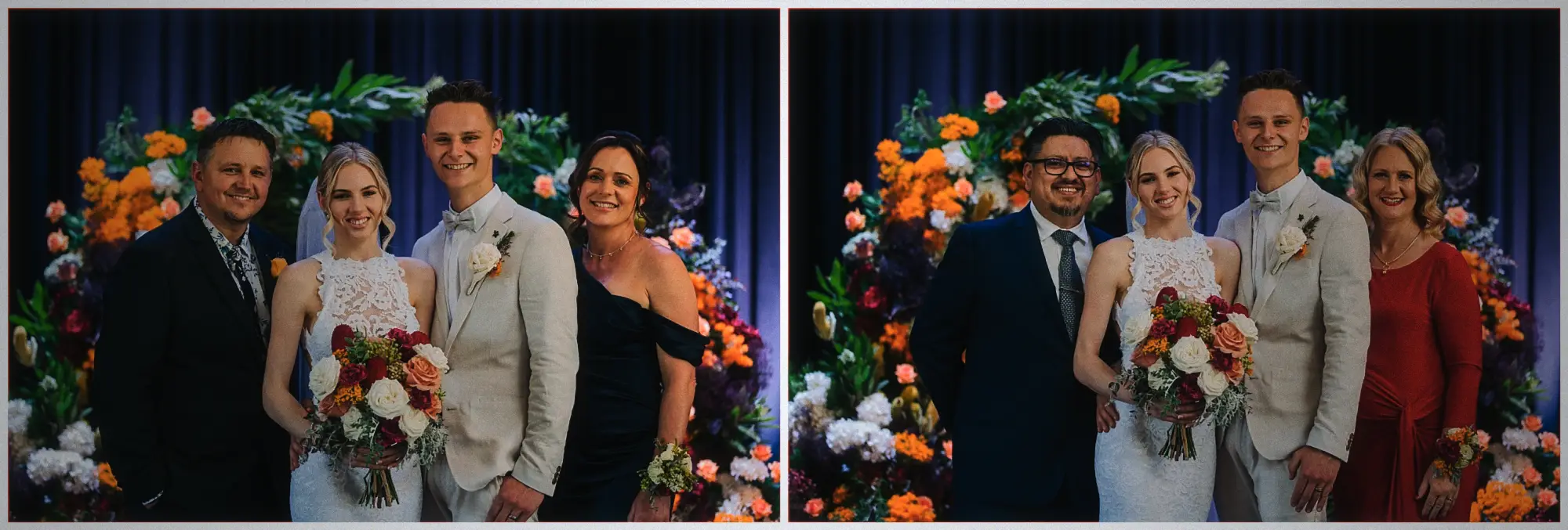 Two family groups joining Erin and Justin before an orange and peach floral arch on a navy curtain.