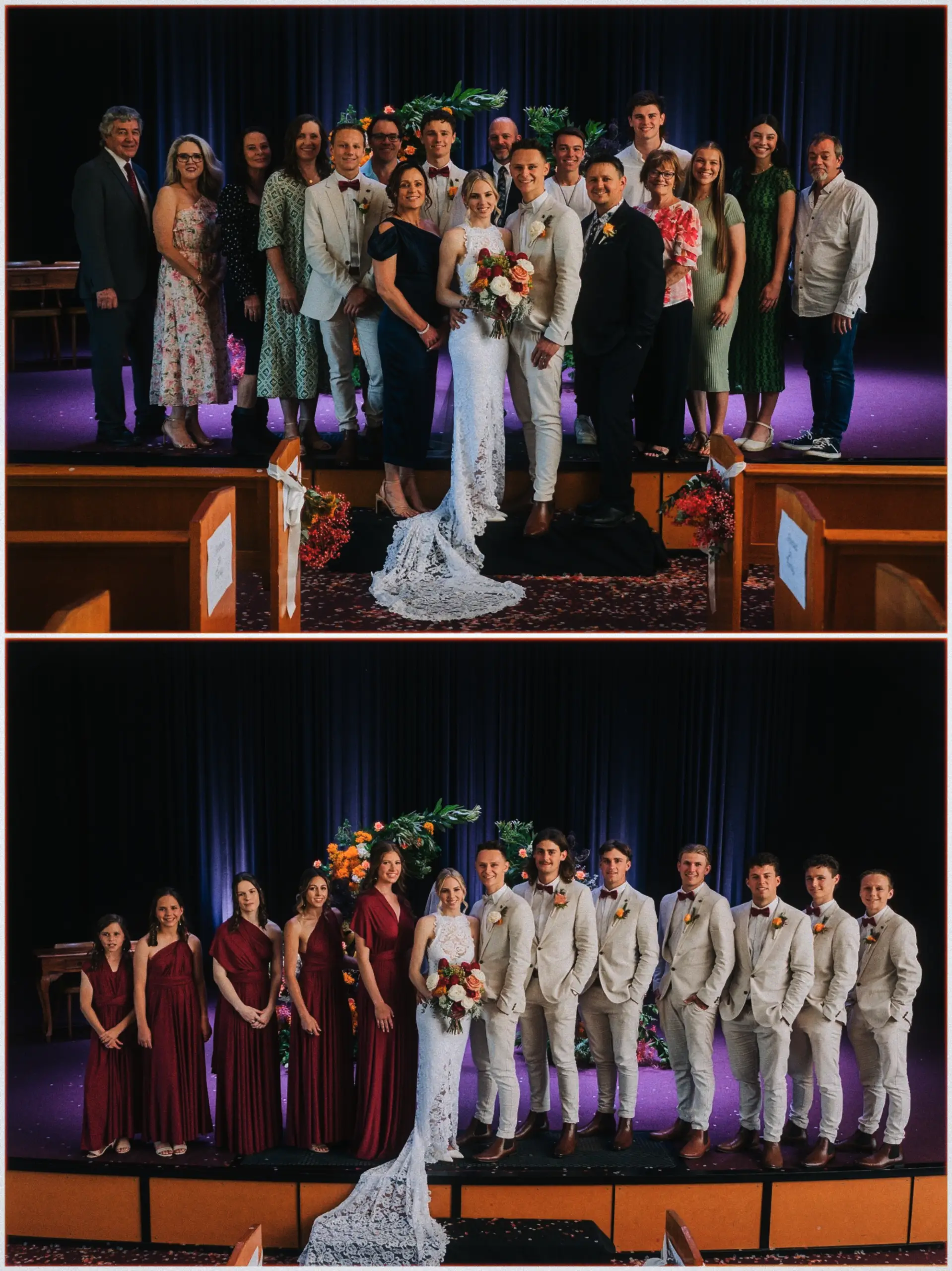 Erin and Justin flanked by family, then their burgundy-and-cream bridal party, on a purple-lit stage.