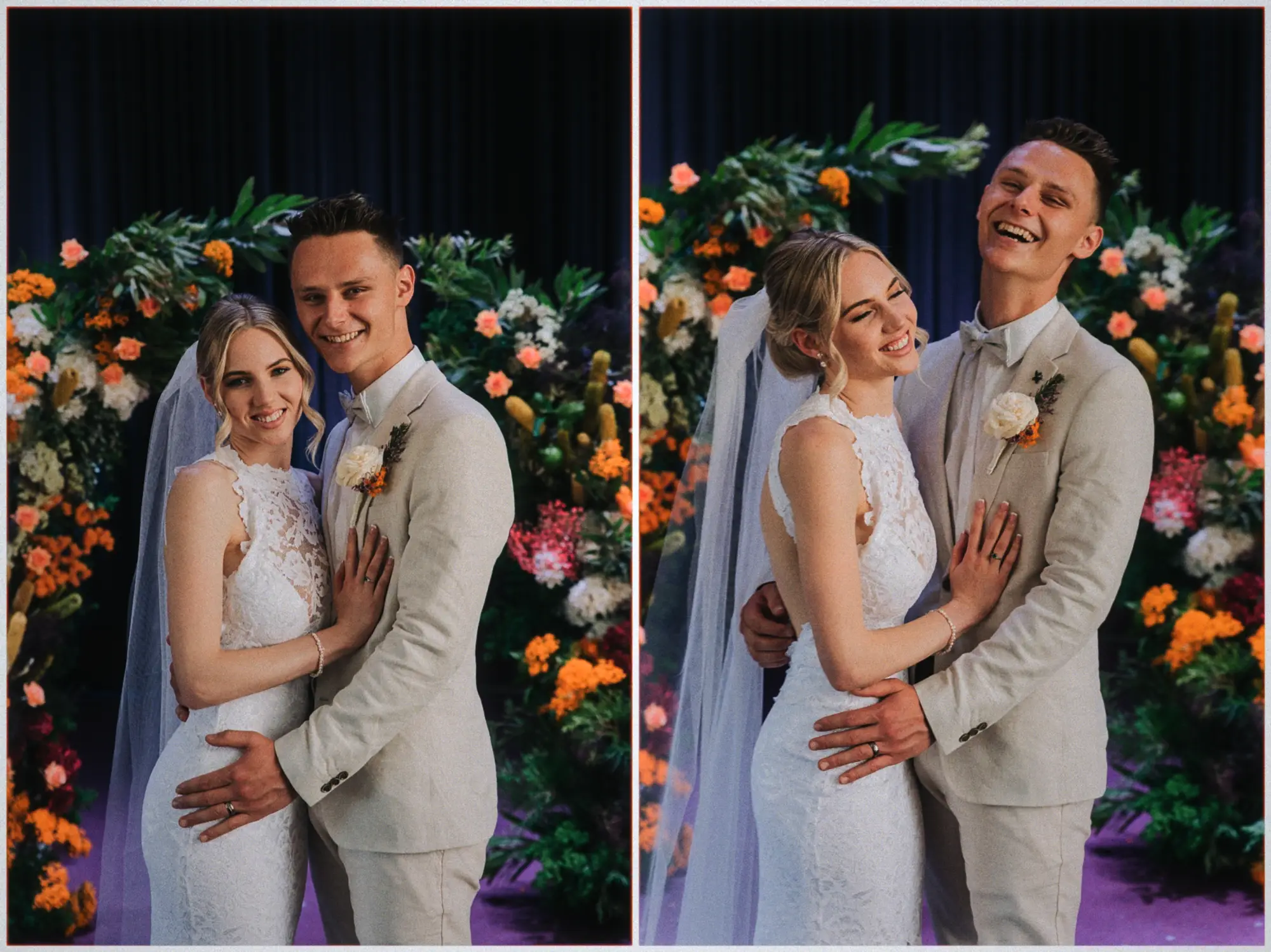 Erin and Justin cuddling at the floral arch, her hand on his chest as he laughs towards the sky.