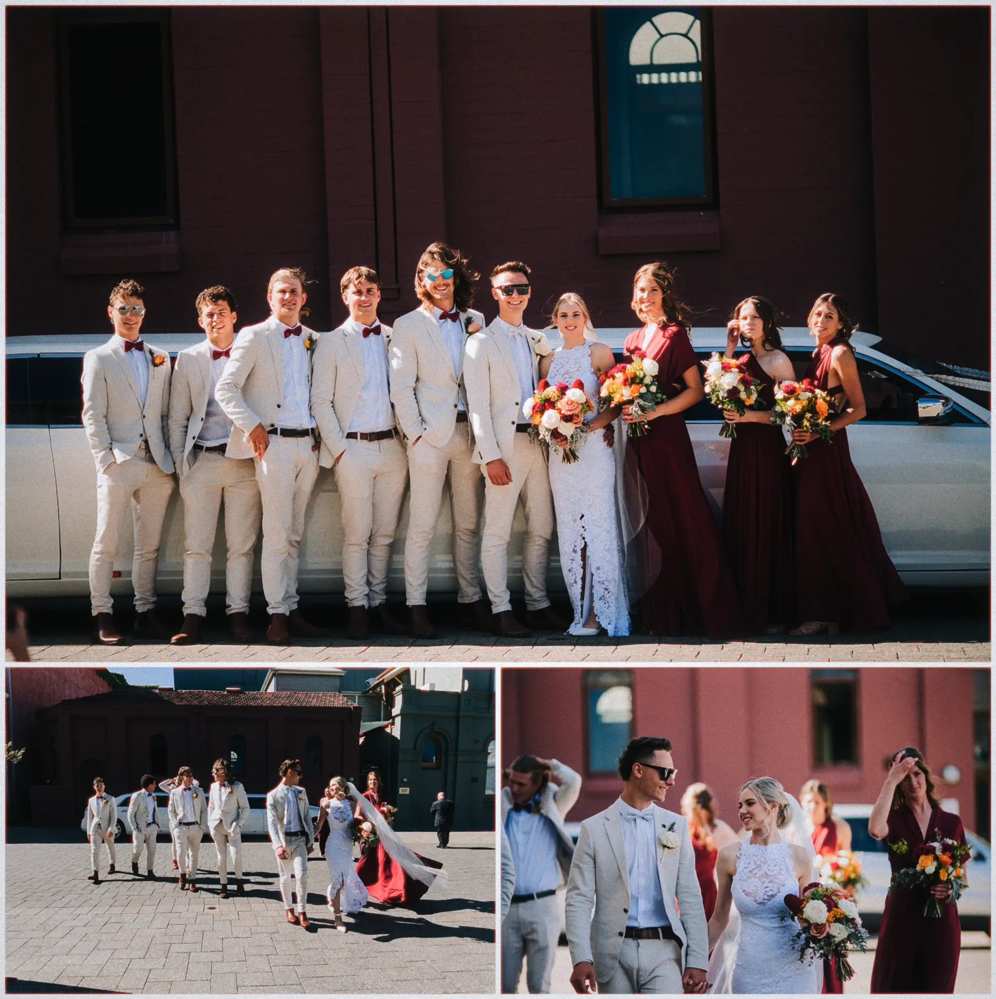 Bridal party in cream suits and burgundy gowns lined up beside a white stretch limo in the sun.