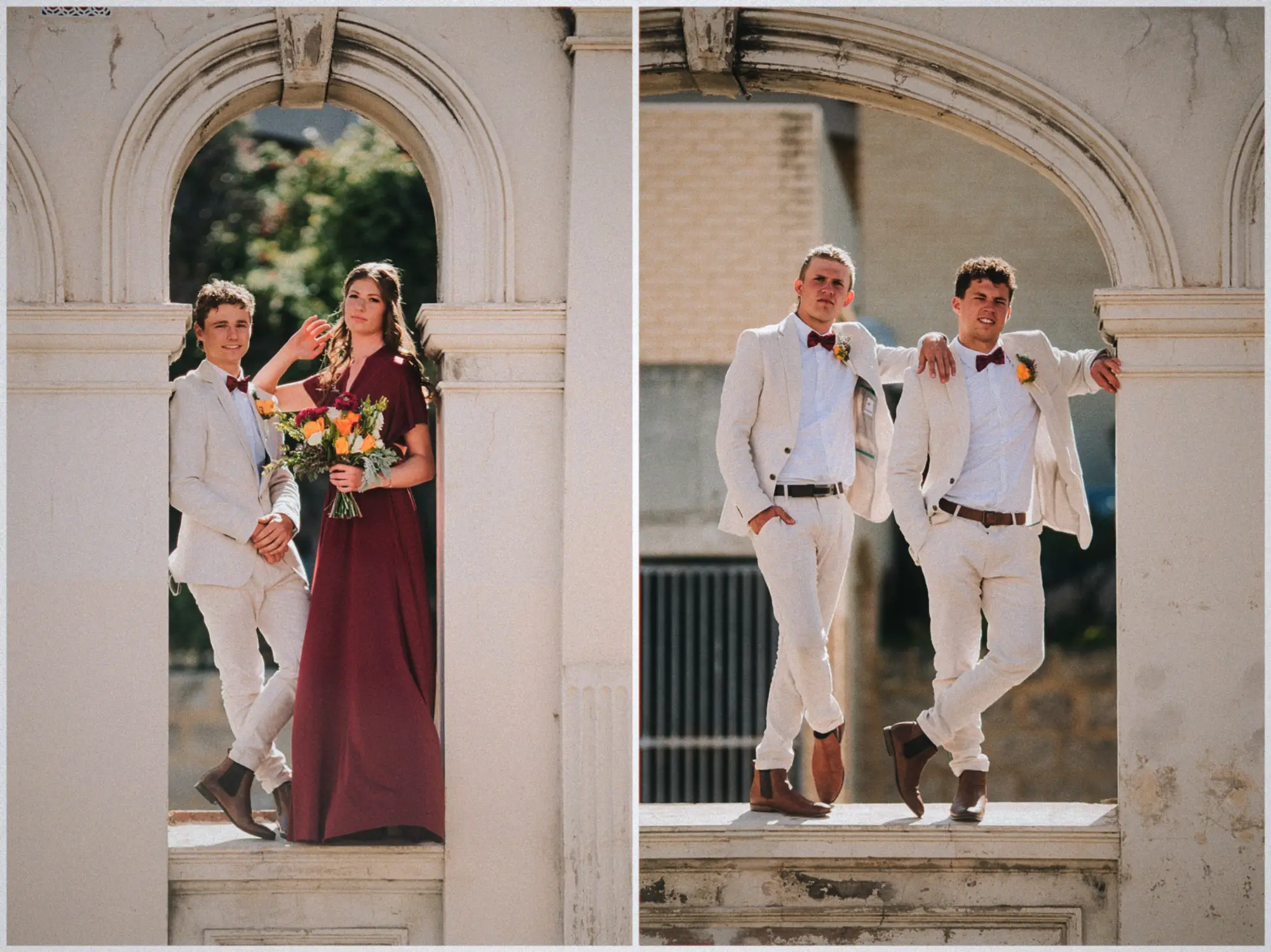 A groomsman and bridesmaid share an arch while two groomsmen lounge on the colonnade ledge.