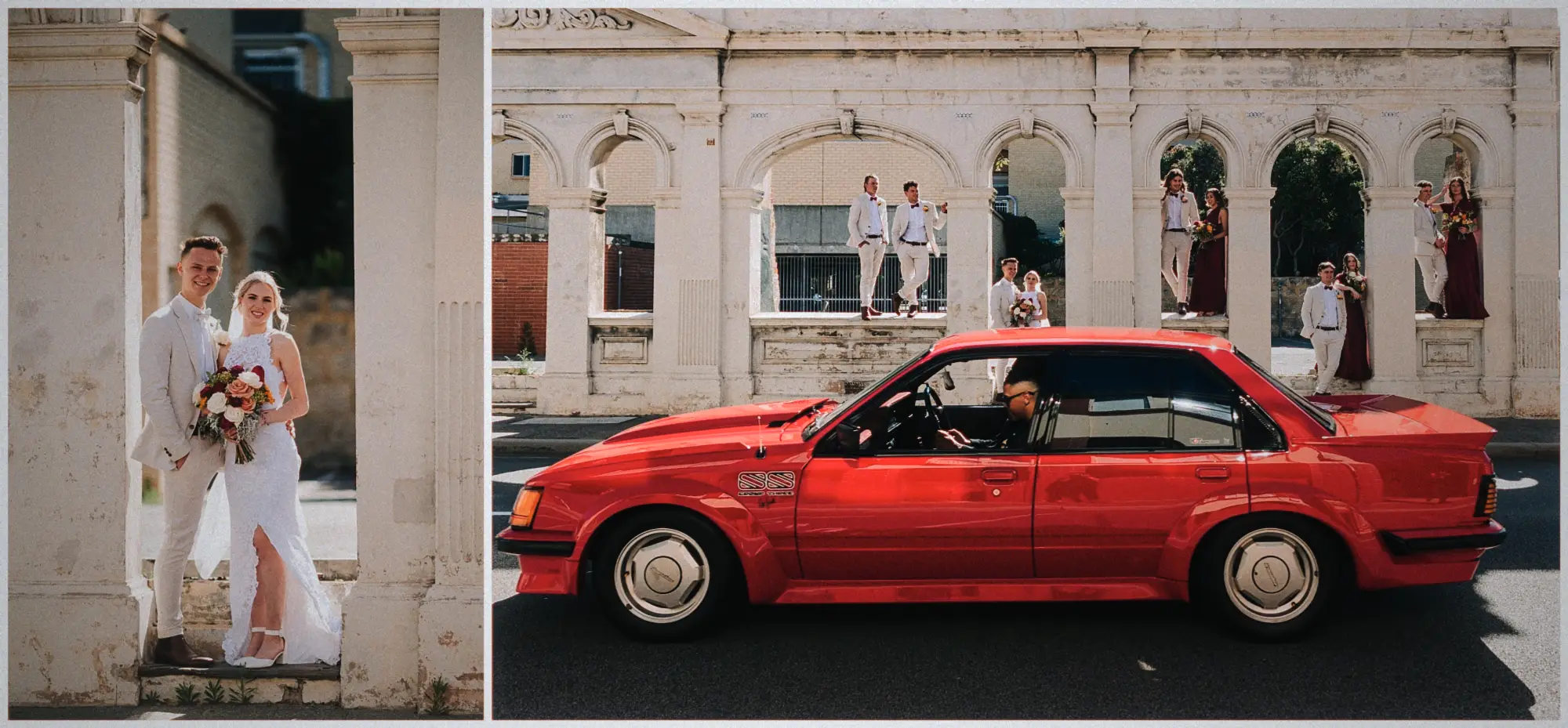 Erin and Justin tucked in a stone niche, a red vintage sedan parked along the arched colonnade.