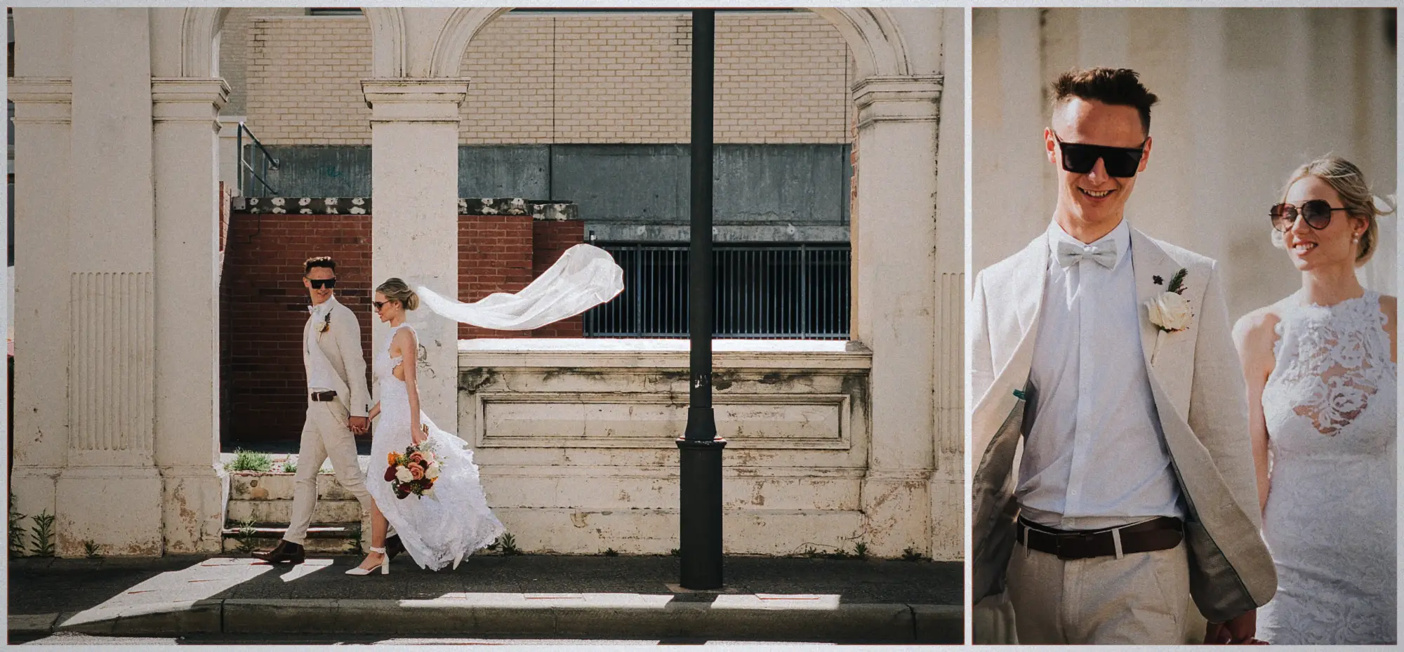 The couple strolling hand in hand with Erin's veil whipping in the wind along the colonnade.