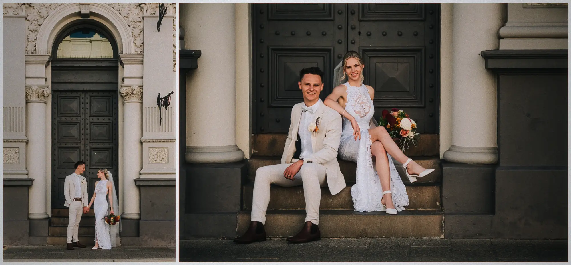 Erin and Justin seated on broad stone steps before tall black studded timber doors.