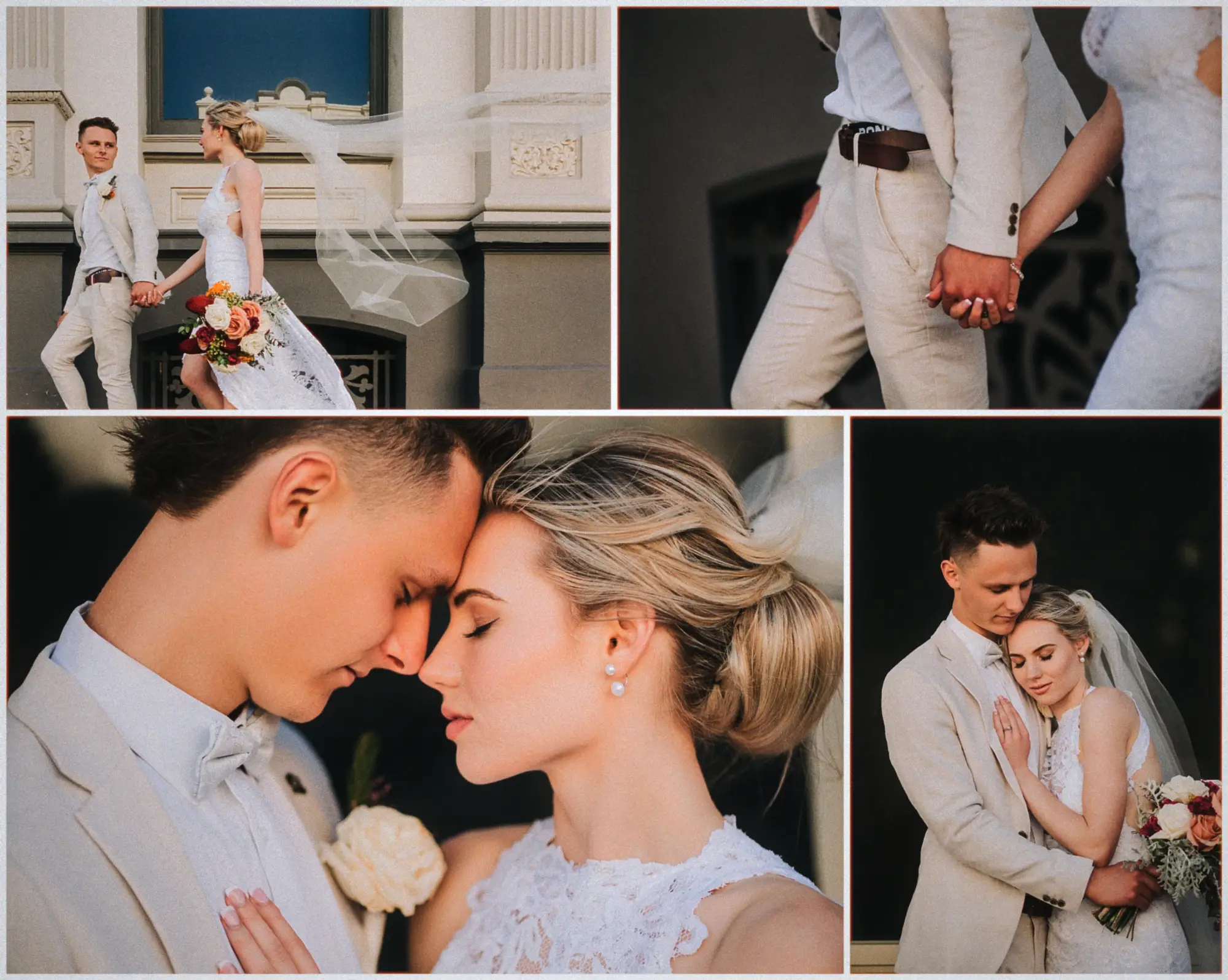 Collage of the couple walking, clasped hands, and tender close-ups with Erin's veil aloft.