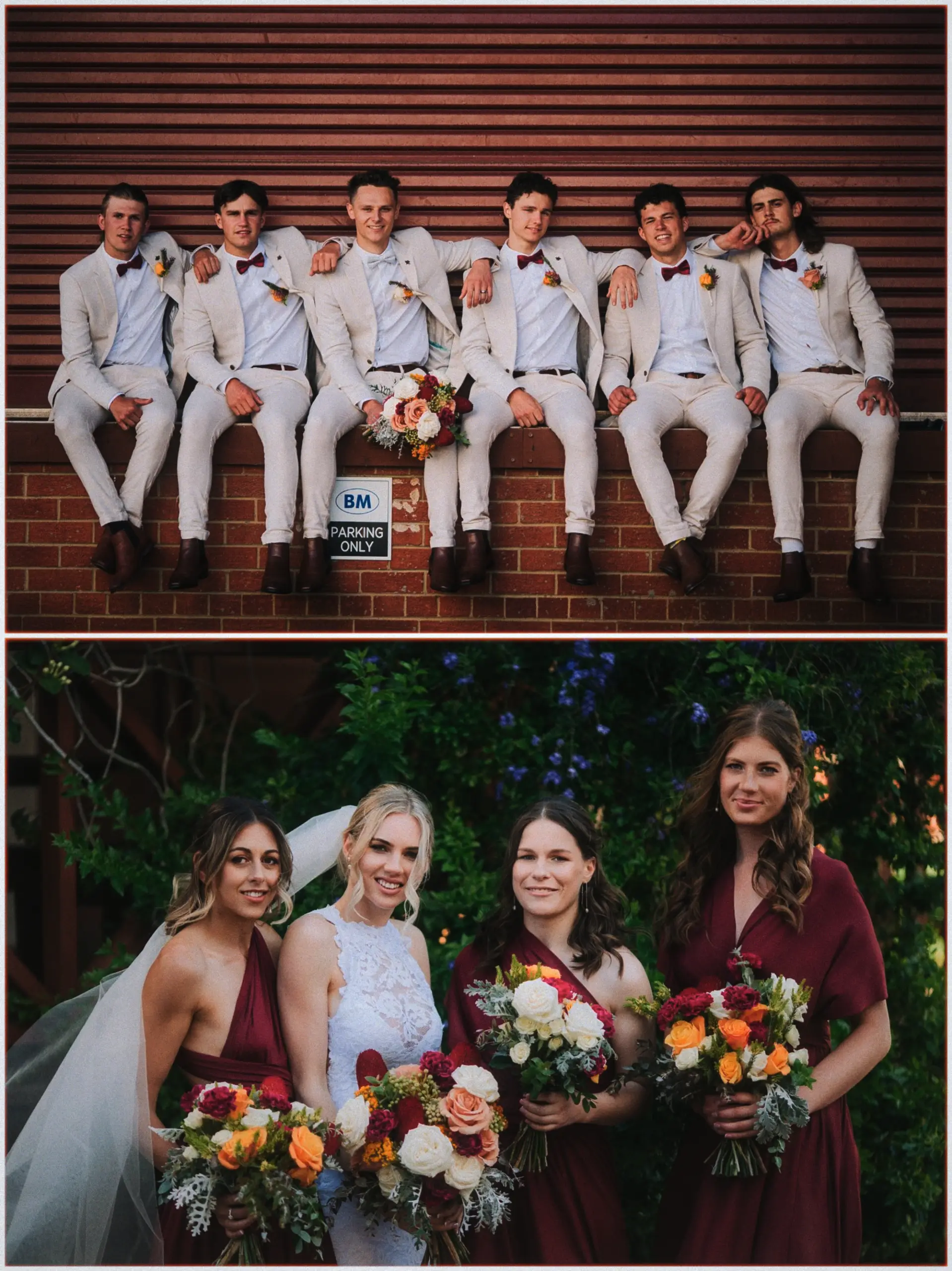 Groomsmen perched on a brick ledge by a maroon roller door; Erin beams with her bridesmaids.