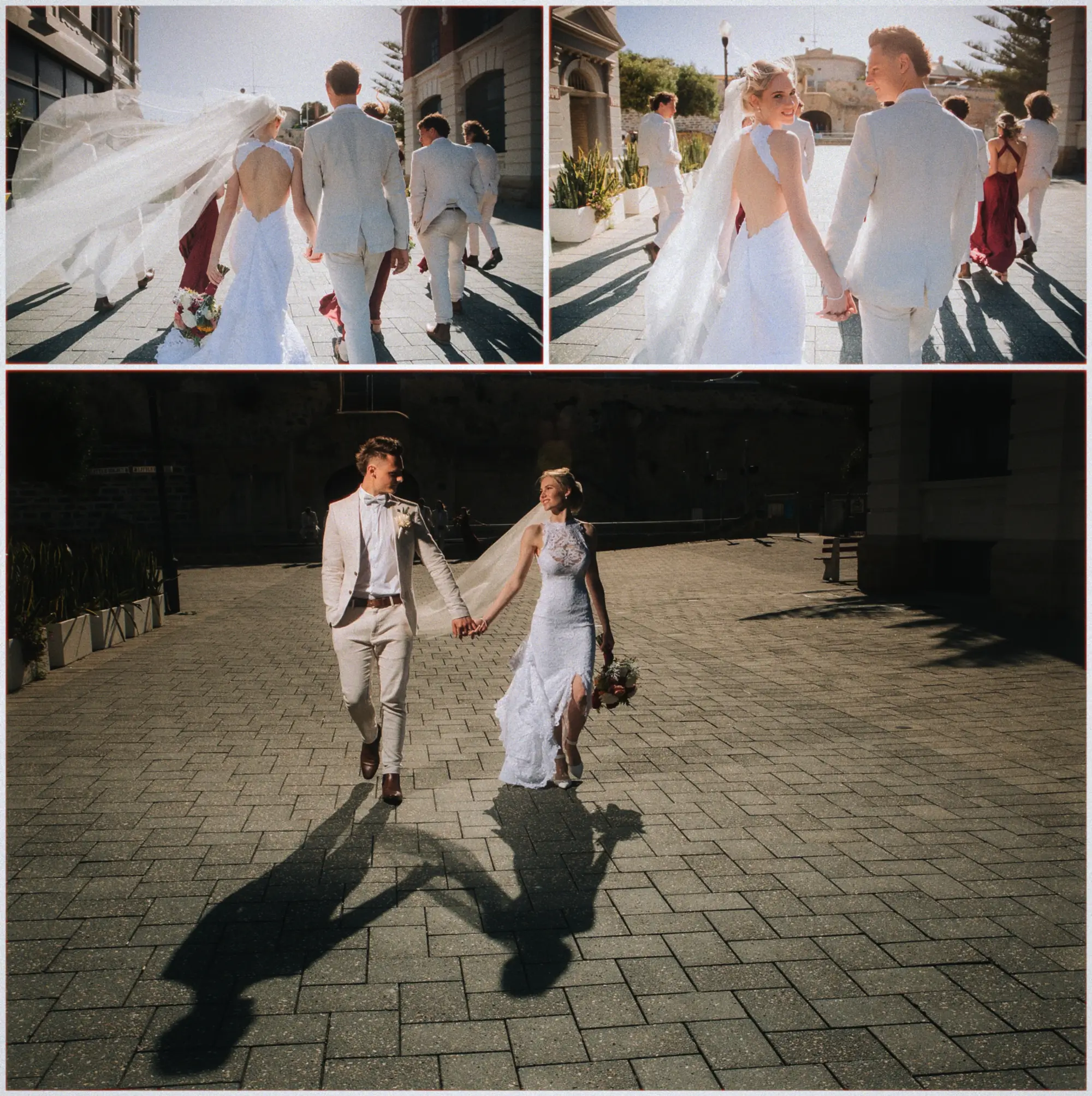 The party walking in sunshine, then Erin and Justin crossing a shadowed courtyard hand in hand.