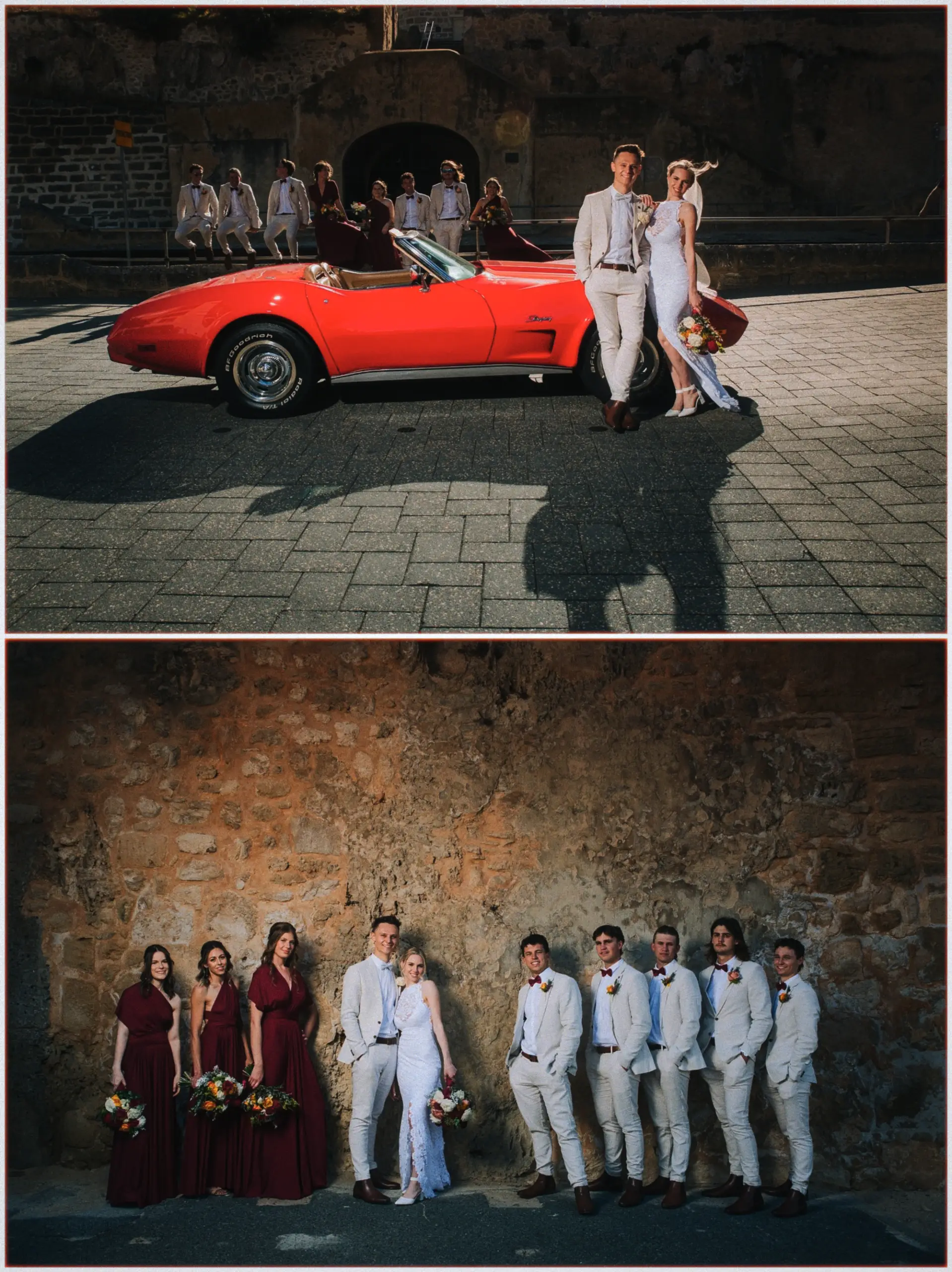 Erin and Justin lean on a red convertible, then the full bridal party lines a limestone wall at dusk.