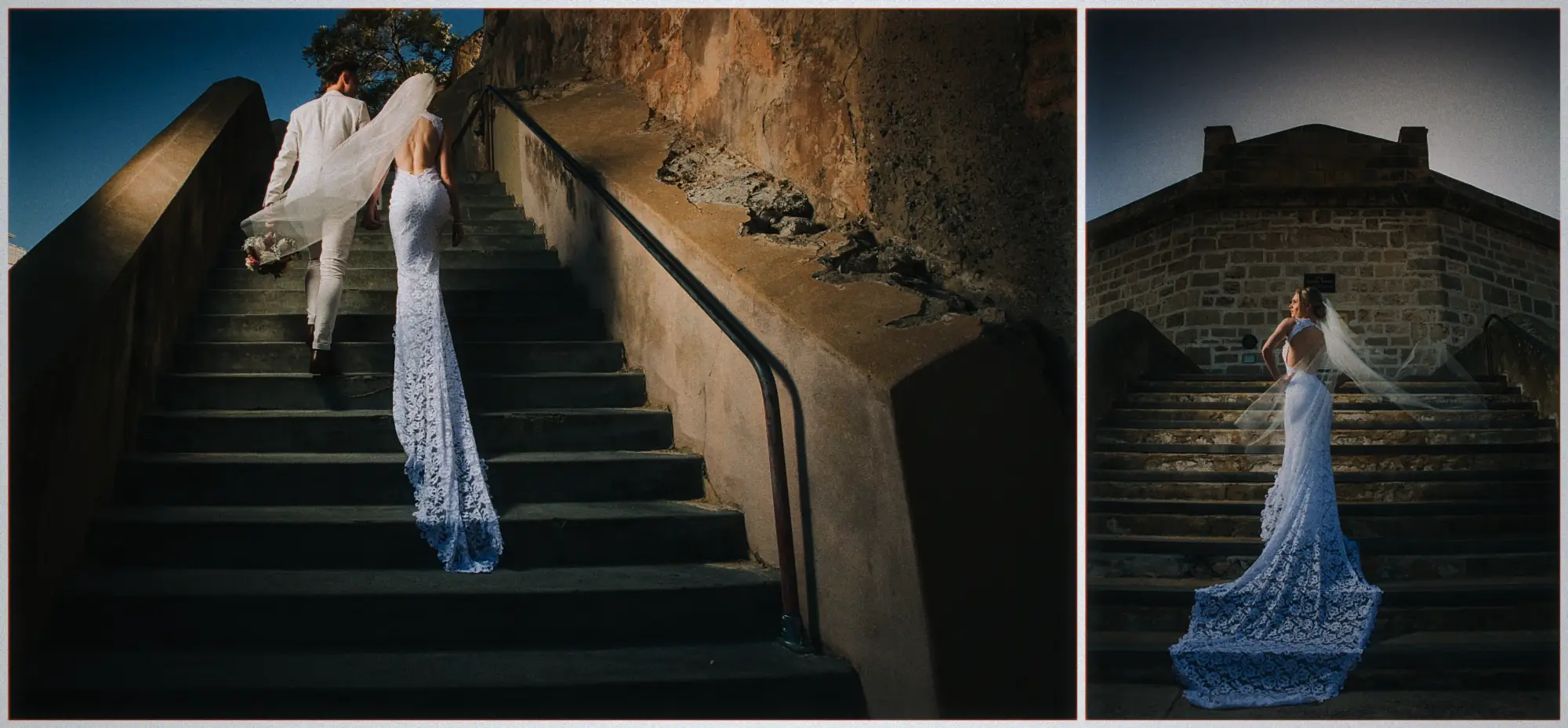 Erin and Justin ascend steep stone stairs, her lace train and veil flowing behind them.