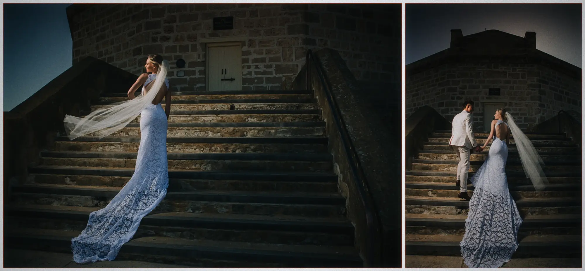 Erin glances back on dark stone steps, veil lifting, before climbing beside Justin.