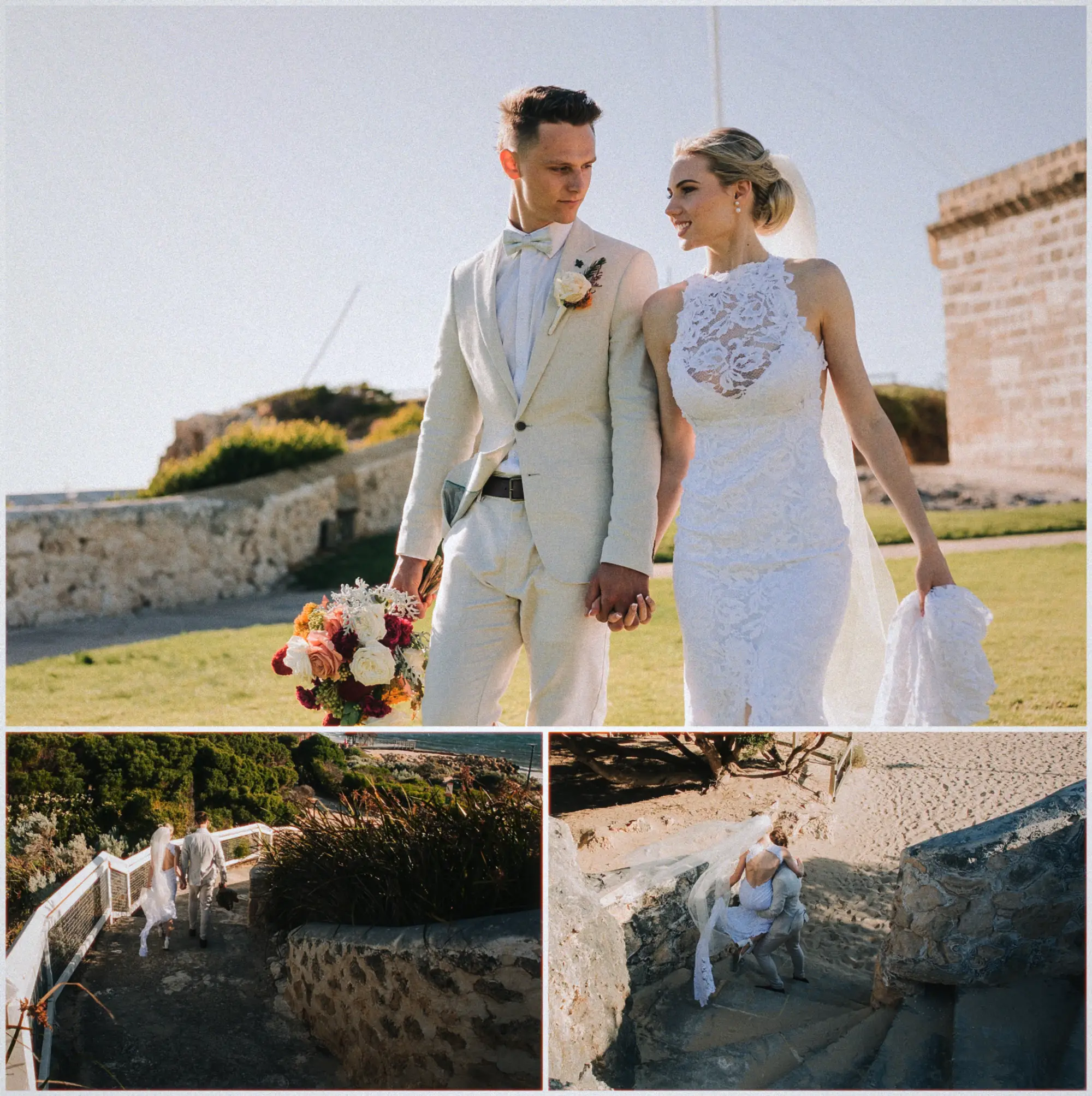 Collage of the couple on a grassy headland, coastal path, and Justin carrying Erin down beach steps.