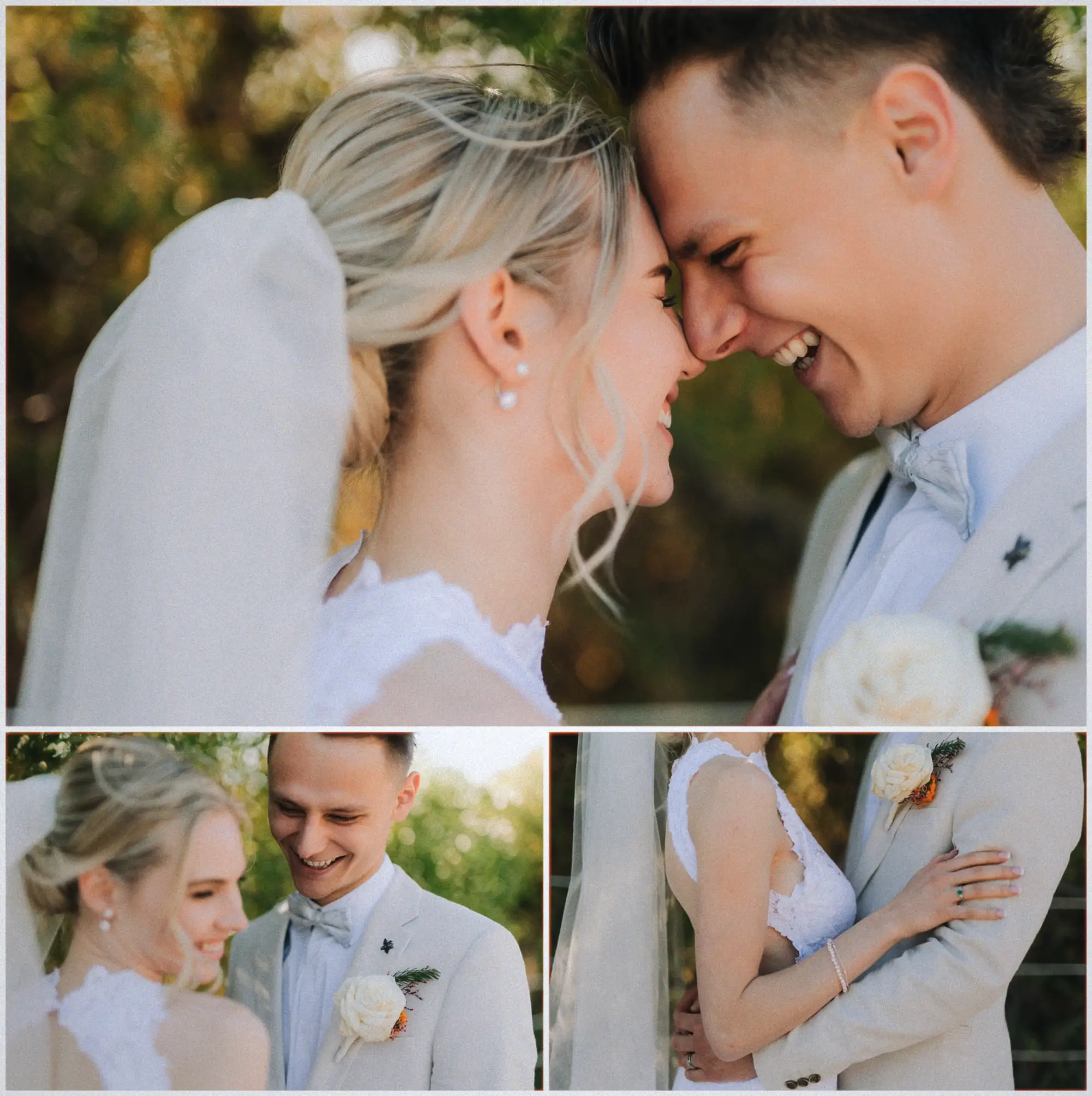 Erin and Justin laughing nose to nose in warm garden light, her hand resting on his arm.