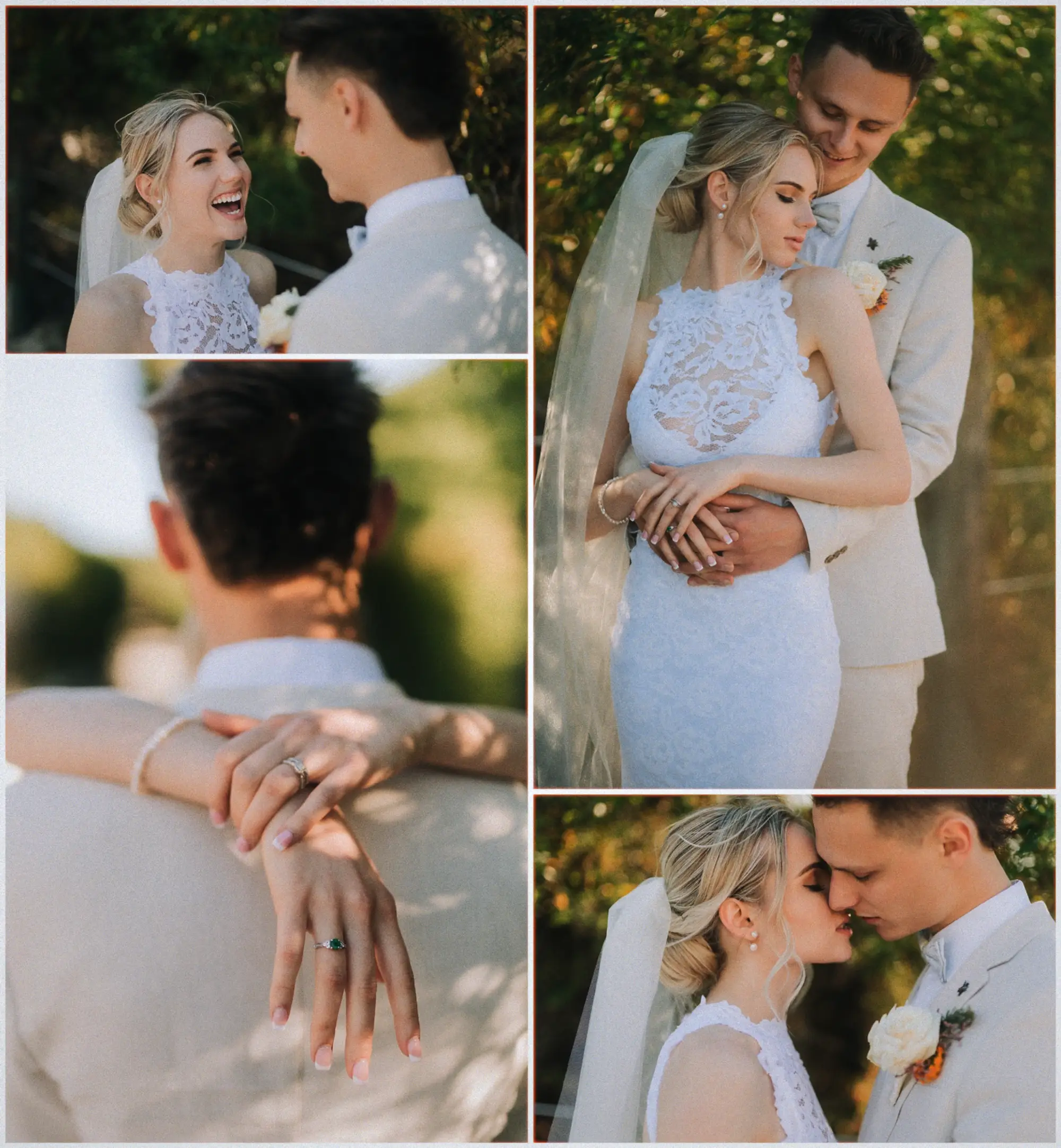 Four frames of the couple: shared laughter, ring detail, and embraces beneath the trees.