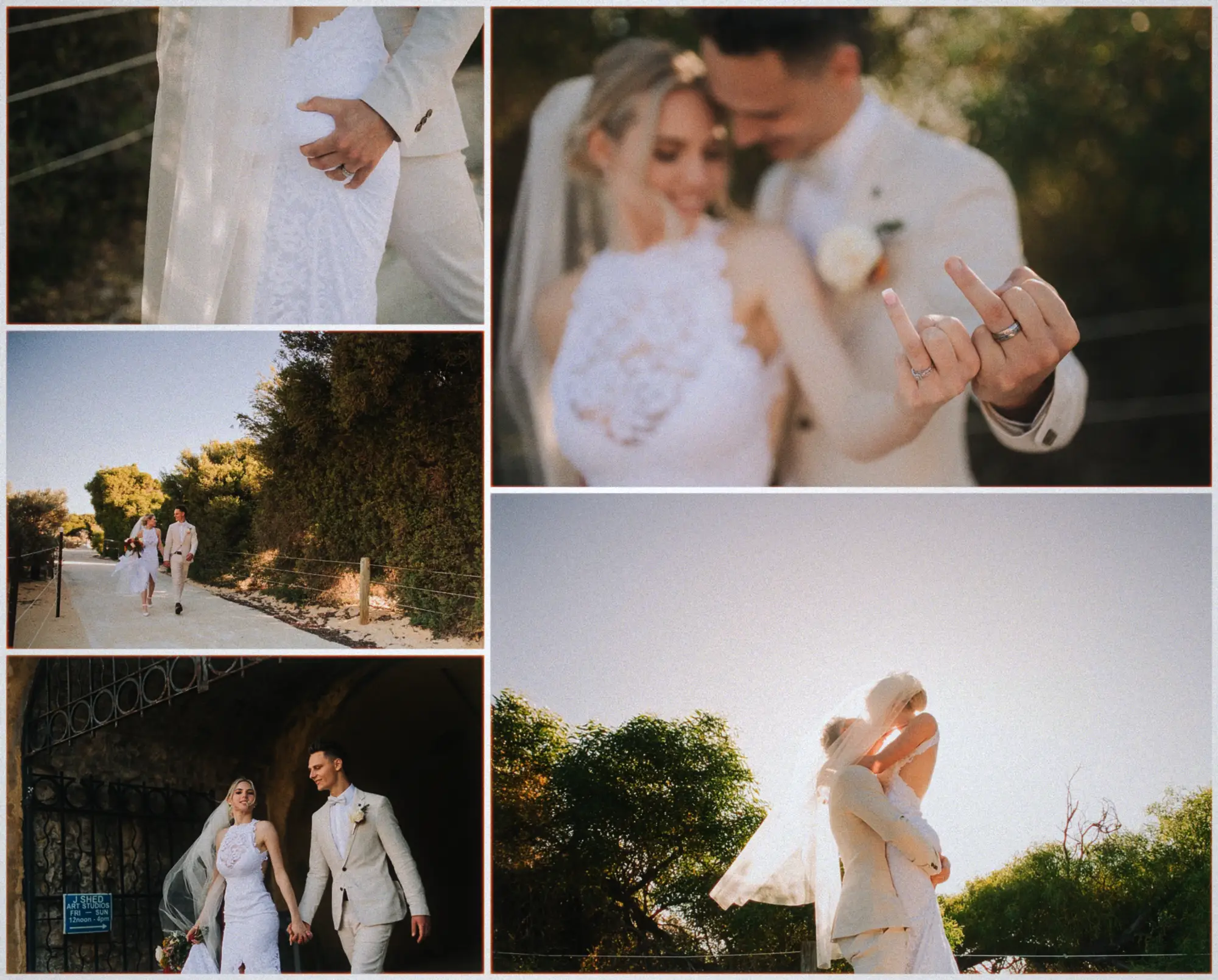 Playful collage of Erin and Justin showing off rings, strolling the beach path and kissing at sunset.