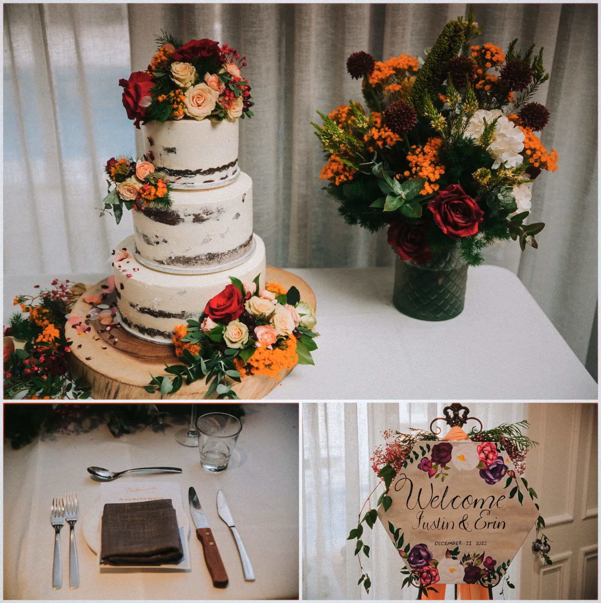 Three-tier semi-naked cake with burgundy roses beside welcome signage and a styled table setting.