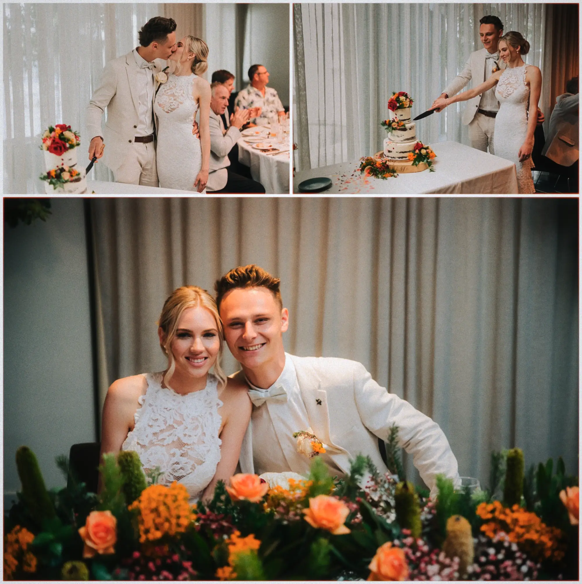Erin and Justin kiss over the cake, cut it together, then beam from their flower-lined table.