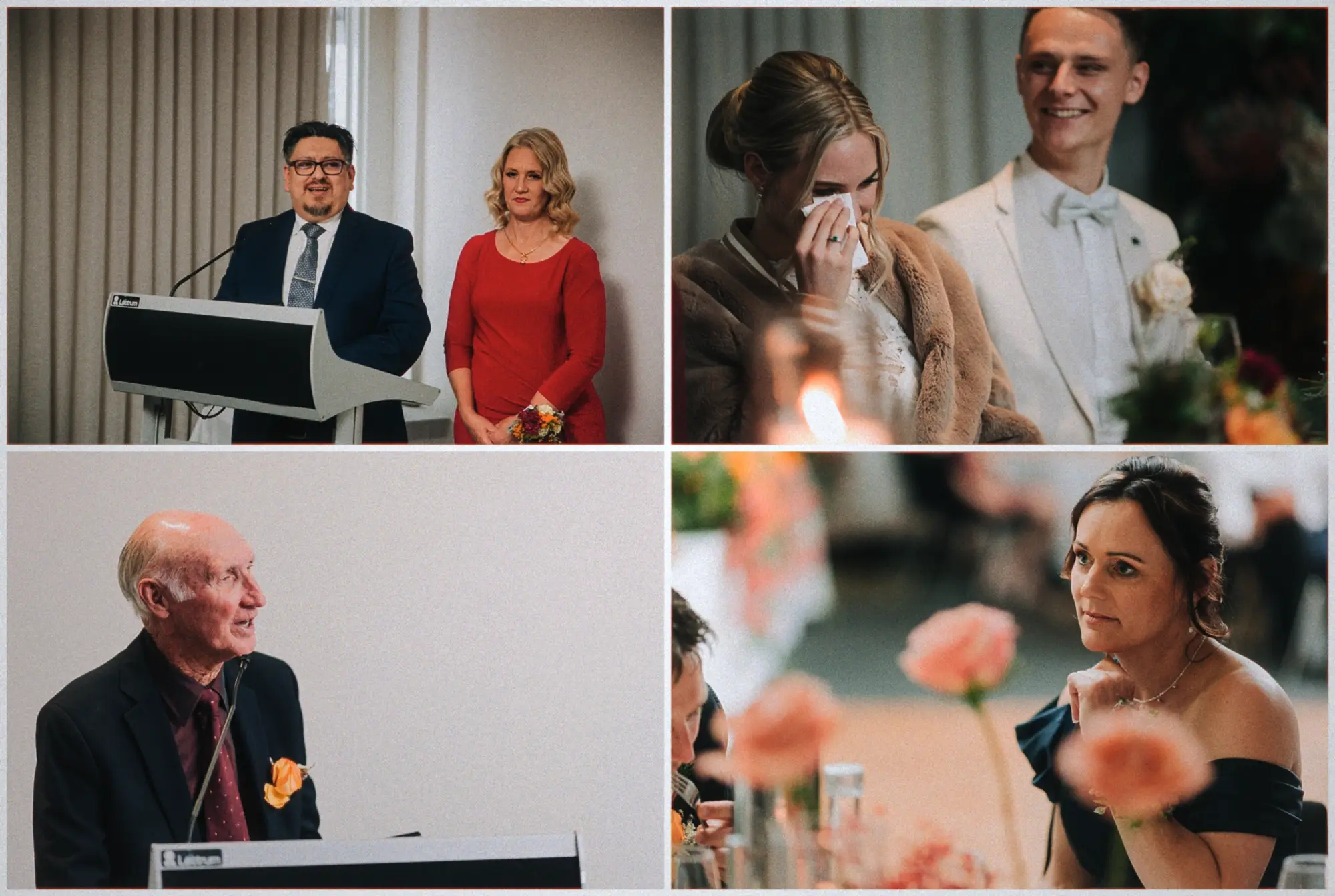 Reception speeches: the MC at the lectern, Erin dabbing happy tears beside a smiling Justin.