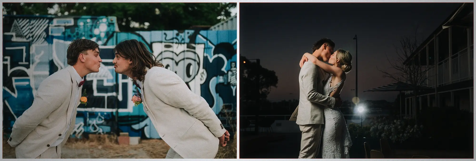 Two groomsmen lean in for a mock kiss by a graffiti wall while the newlyweds kiss at night.