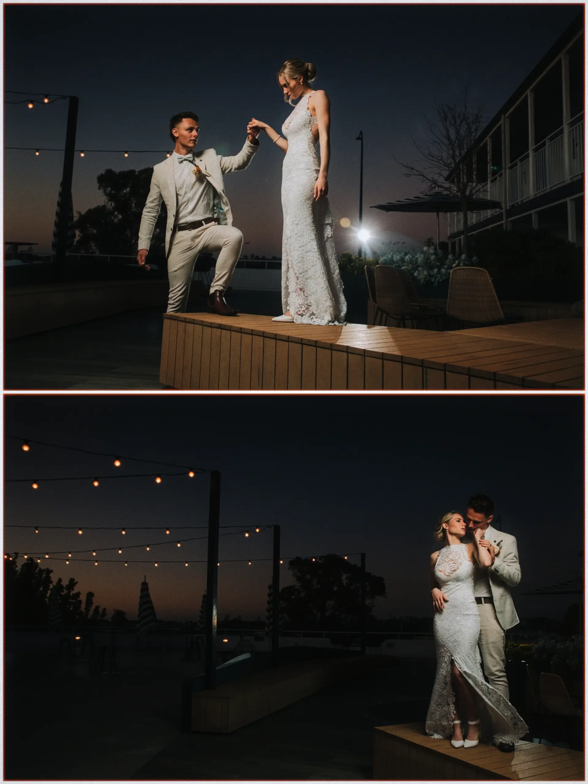 Night terrace portraits of Erin and Justin beneath festoon lights after dark.