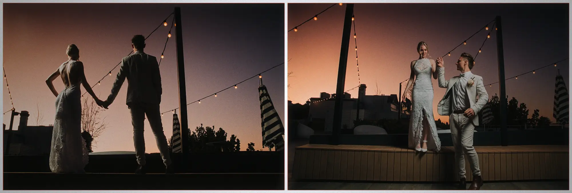 Silhouetted hand in hand under festoon lights, then Erin helping Justin onto the ledge at sunset.