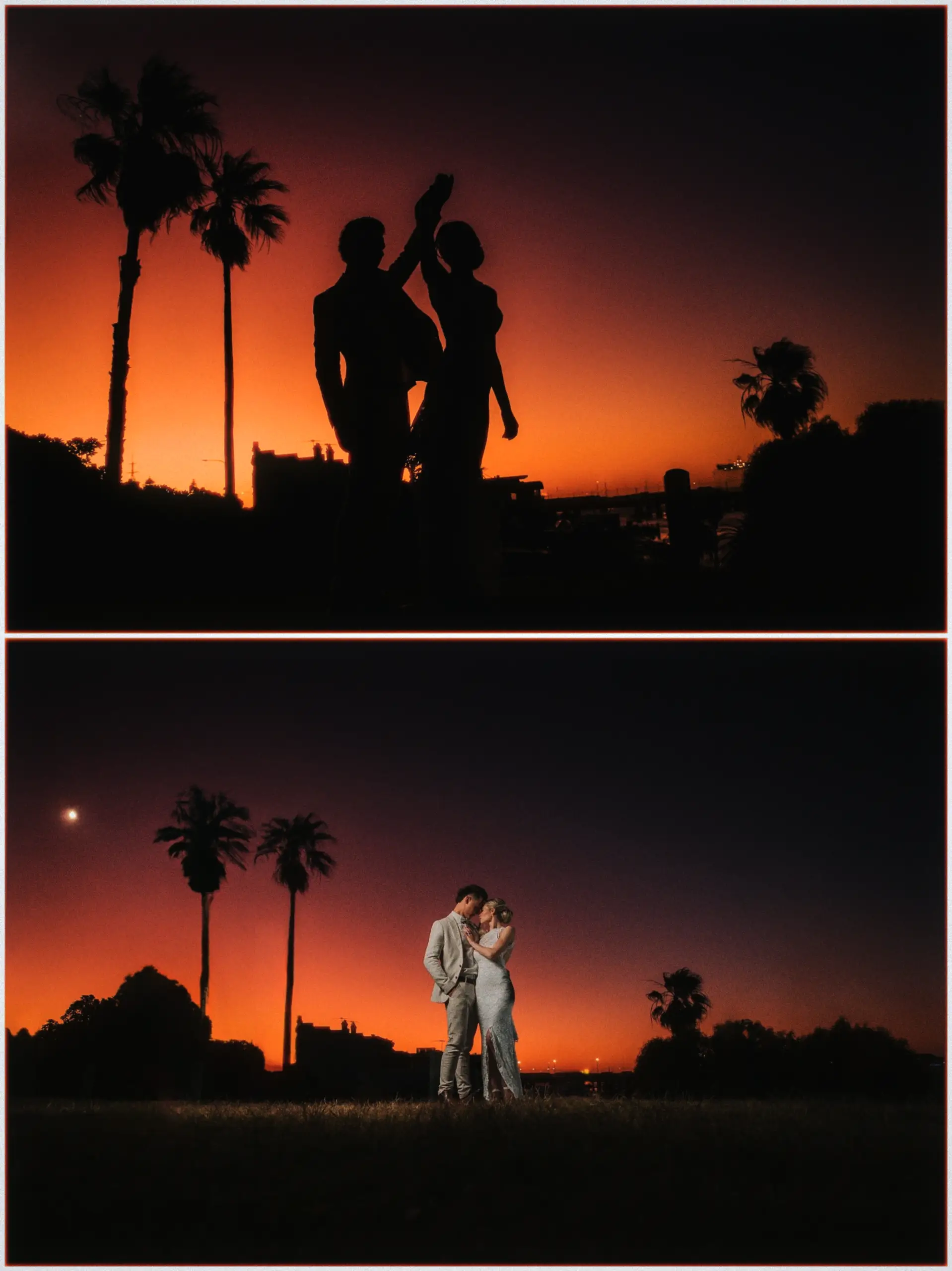 Silhouetted dance pose and a moonlit kiss beneath palm trees on the Fremantle foreshore.