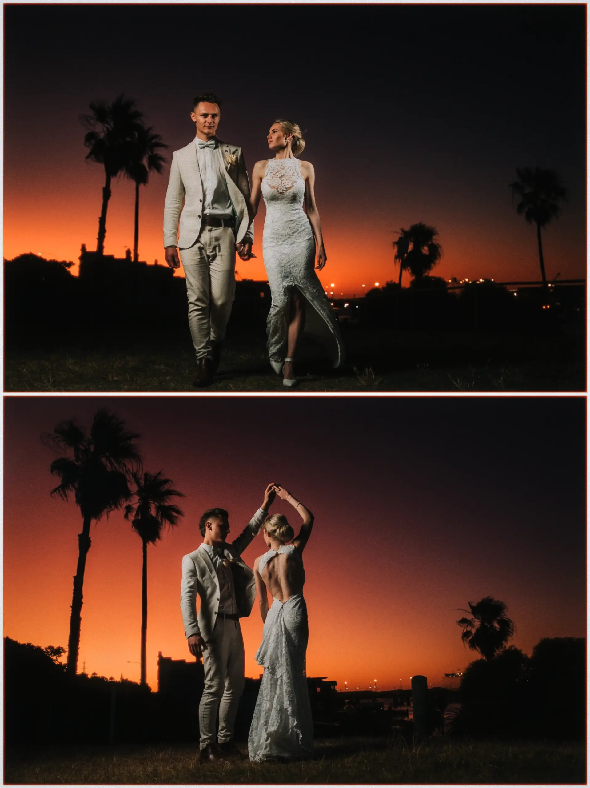 Erin and Justin strolling and twirling against a fiery orange sunset with palm silhouettes.