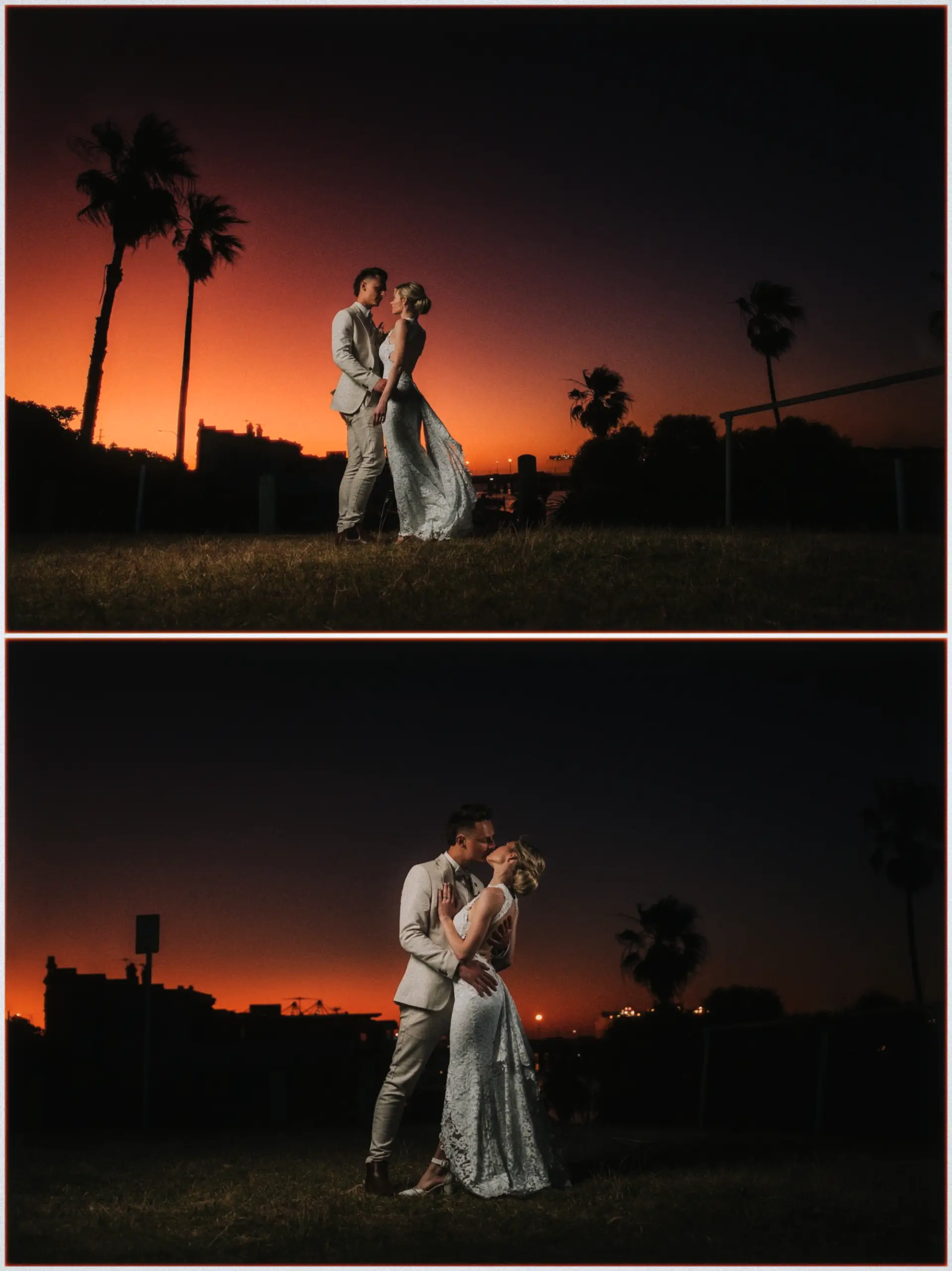 The couple kiss and dip on the darkened lawn as dusk settles over the harbour.