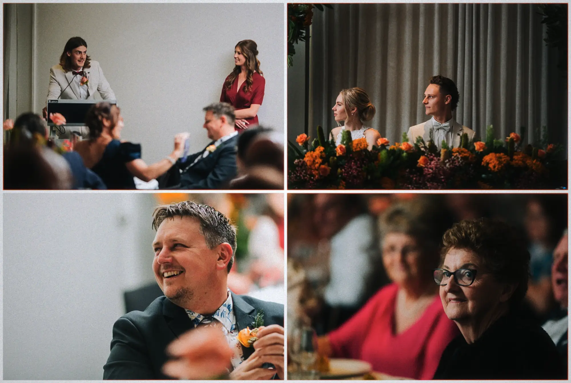 Groomsman delivering his speech as Erin and Justin listen between orange blooms.