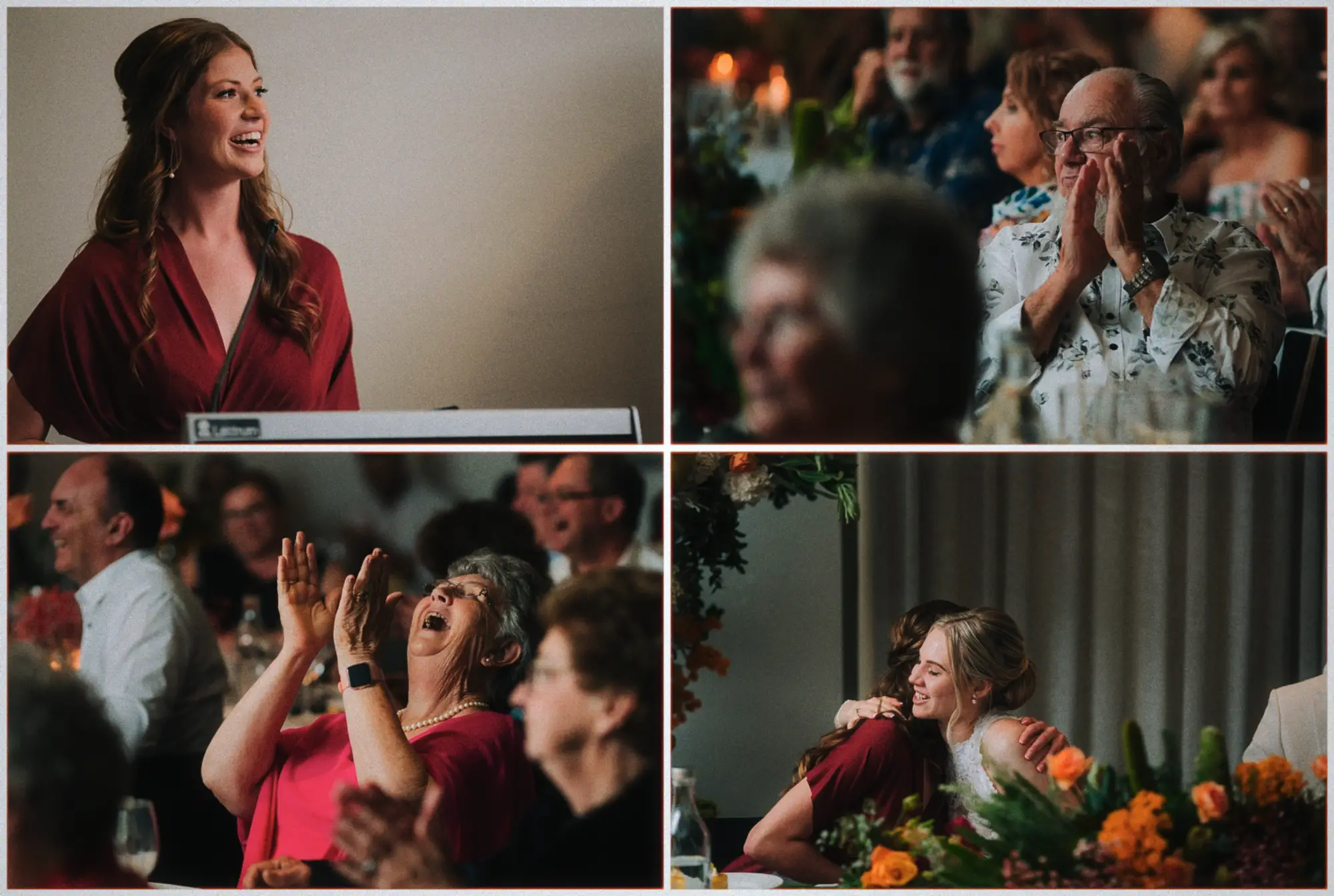 Bridesmaid laughing mid-speech while guests applaud and Erin hugs her bridesmaid.