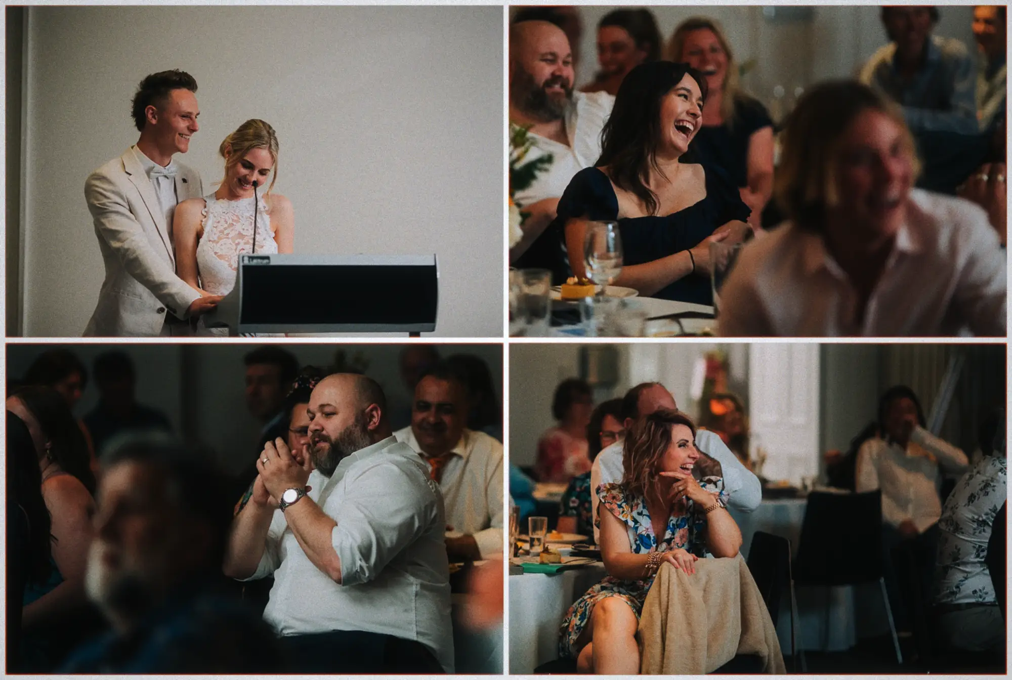 The newlyweds share a joke at the lectern as the room dissolves into laughter.