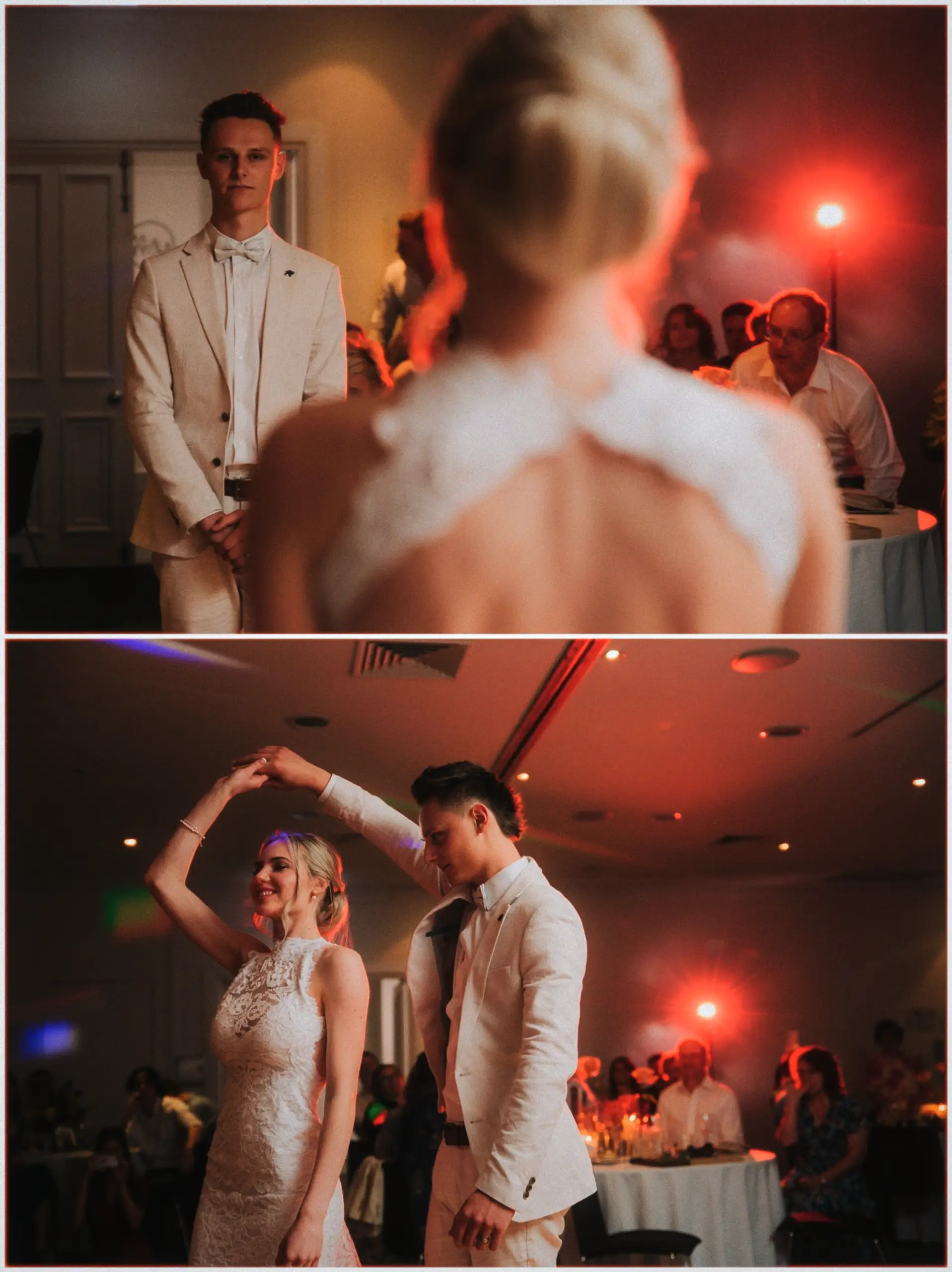 Erin faces Justin beneath warm reception lights before their first dance begins.