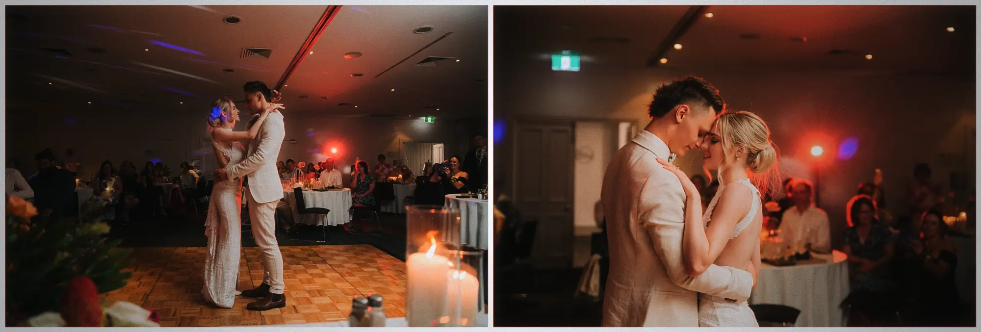 First dance wide beside glowing candles, then forehead to forehead in red uplight.