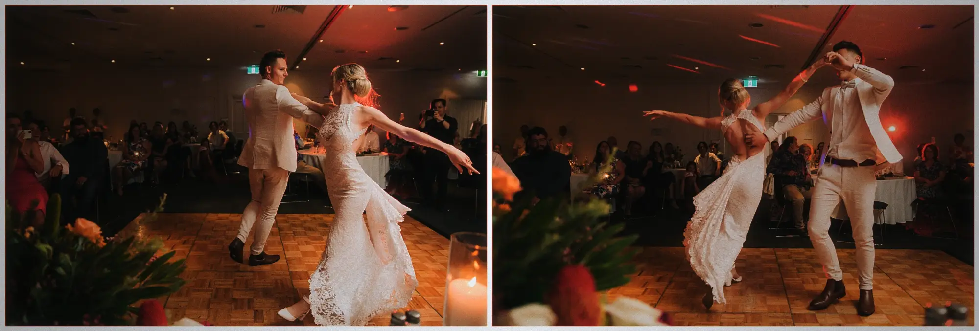 Justin spins Erin across the dance floor, her lace dress fanning out mid-twirl.