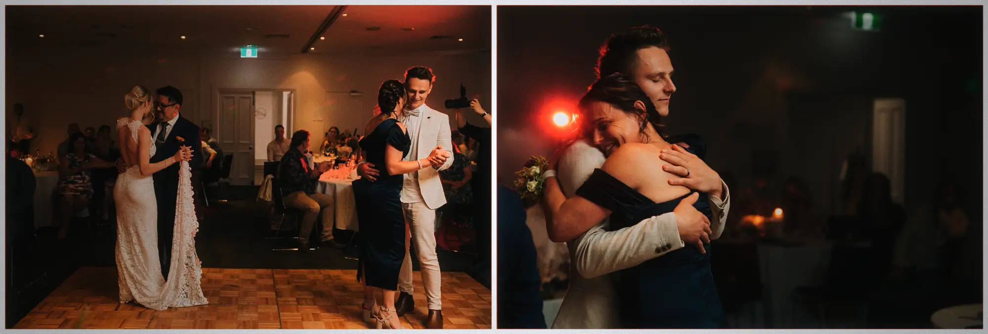 Erin dances with her father and Justin with his mother, ending in a tearful hug.