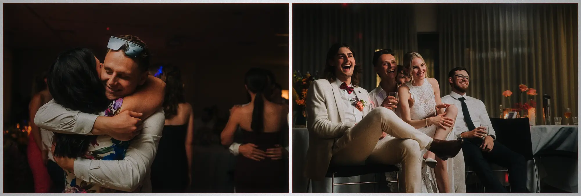 Groom in a white suit embracing a guest, and Erin and Justin laughing with friends at speeches